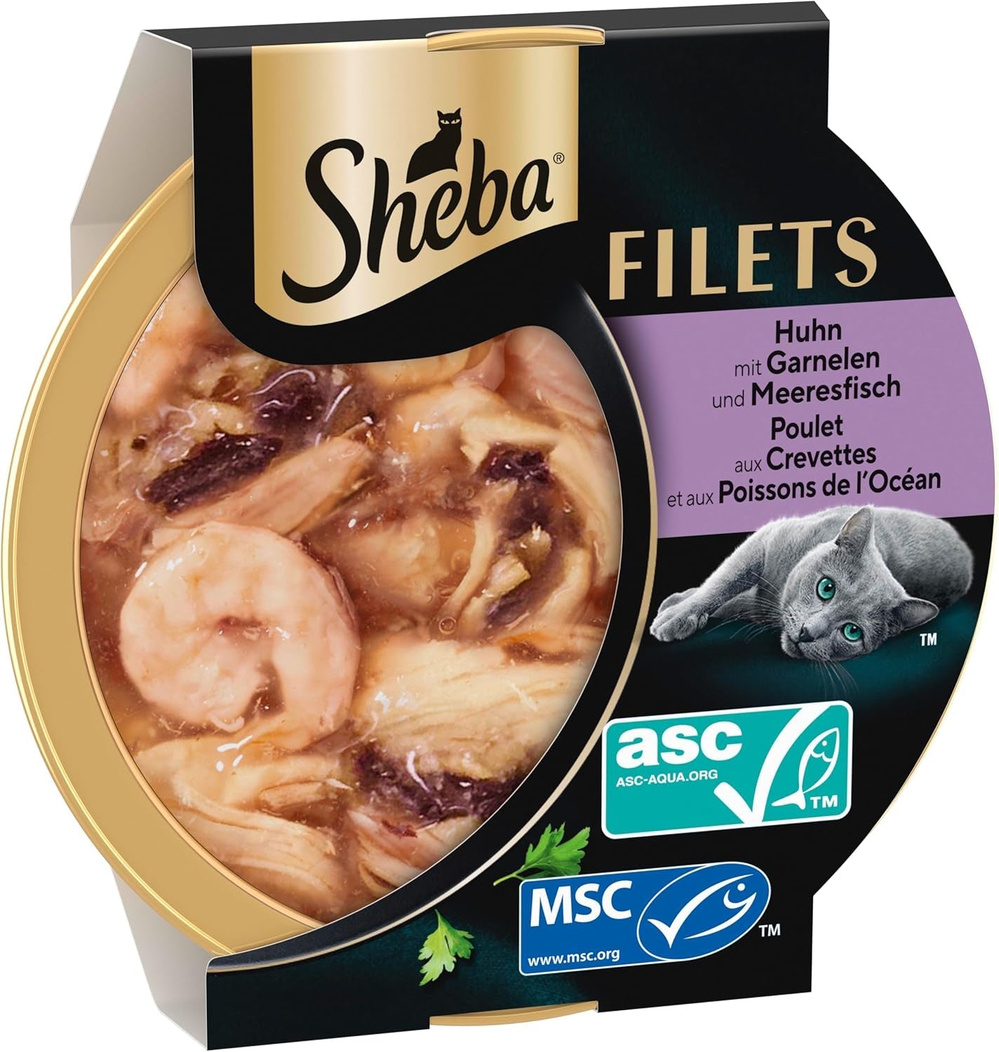 SHEBA Filetti Adult Katzenfutter in Salsa con Pollo, Hochseefisch und Garnelen 16 x 60g Conchiglia