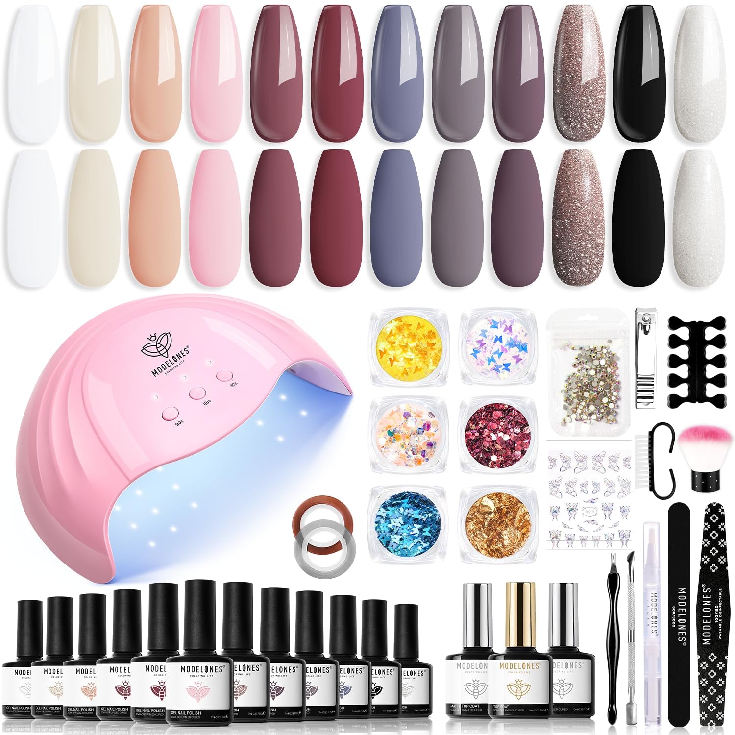 Modelones Set Smalti Gel per Unghie 35 Pezzi, Set Smalti Gel UV con Lampada da 48 W, Set Smalti Gel per Unghie Nude Marrone Bianco Rosa, Set Smalti Gel UV con Base Top Coat Set per Unghie