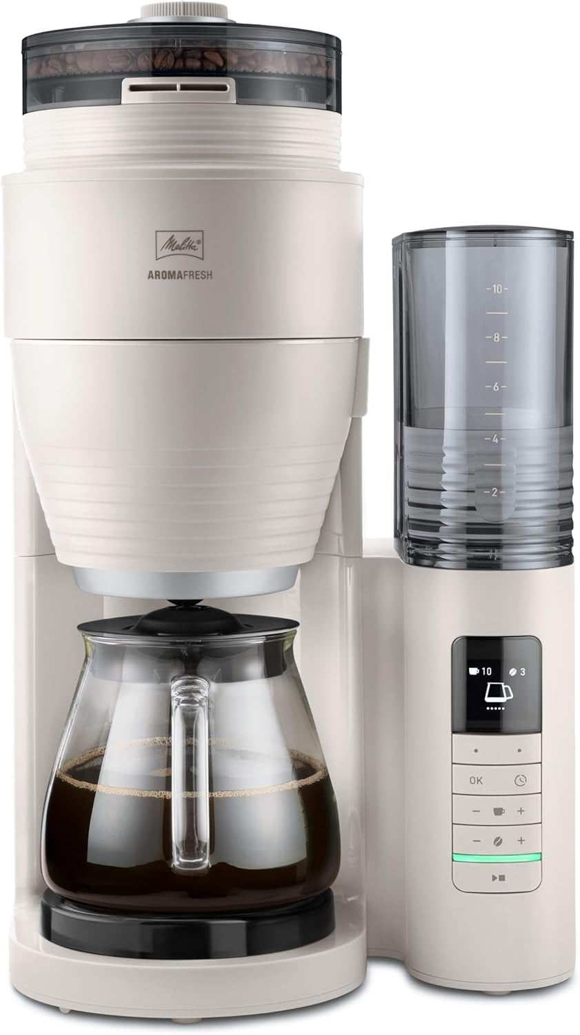 Melitta AromaFresh Therm Pro X - Macchina per caffè espresso con filtro, macinacaffè integrato, serbatoio dell'acqua rimovibile, caraffa termica in acciaio inossidabile e funzione timer, per un massimo di 8 tazze di caffè, nero/argento