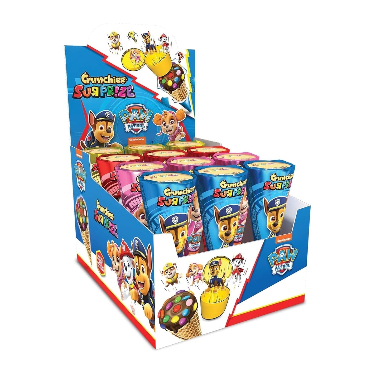 Crunchiez Surprise PAW PATROL, cono gelato ripieno di cioccolato e nocciole con sorpresa di alta qualità, 12 vassoi da 25 g