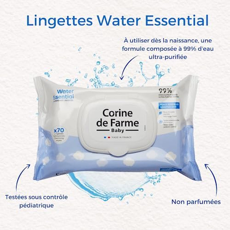 - Salviette baby Change Water Essential x70 - Prodotto da toilette in fibra vegetale - Acqua ultrapurificata al 99% - Igiene dalla nascita - Coperchio richiudibile