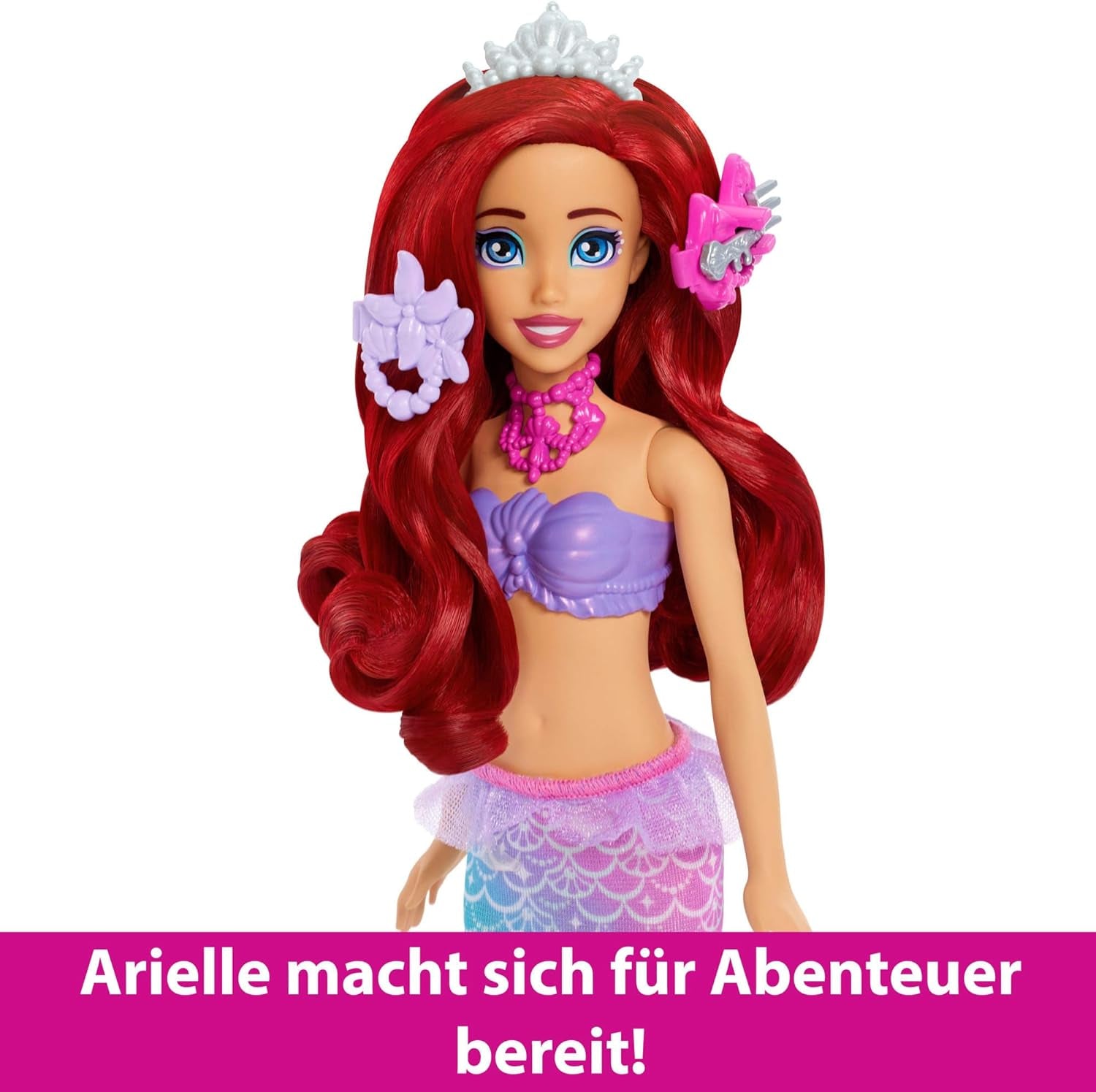 Mattel Disney Princess Toys, bambola alla moda sirena Ariel con pinna caudale staccabile, toletta con 5 sorprese pop-up ripetibili e 5 accessori, JBF86