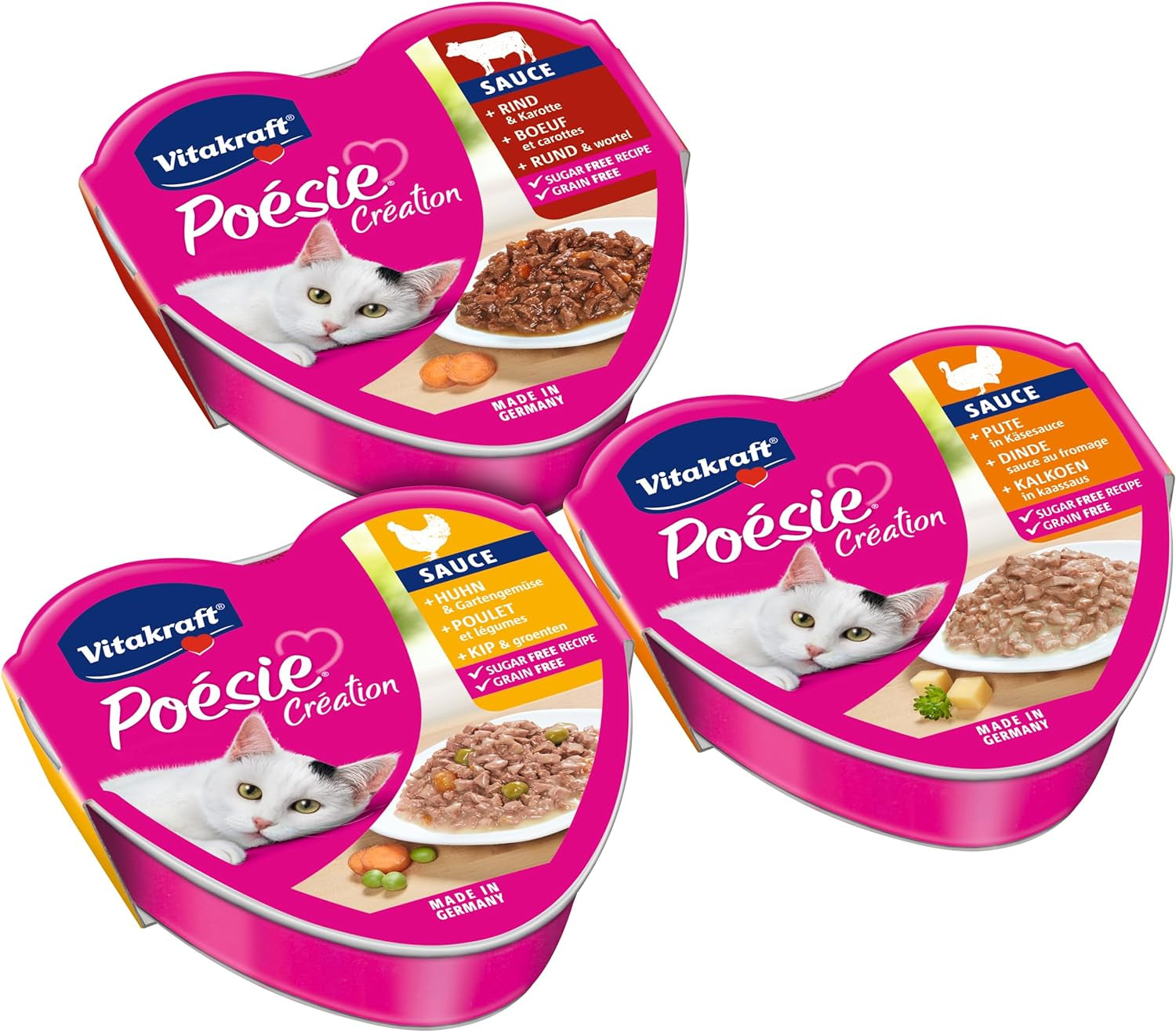 Vitakraft Poésie Création, Tender Selection, Cibo umido per gatti, Cibo umido per gatti in salsa, con pollo, con tacchino, con manzo, senza zuccheri aggiunti e cereali (1 confezione da 6 x 85g)