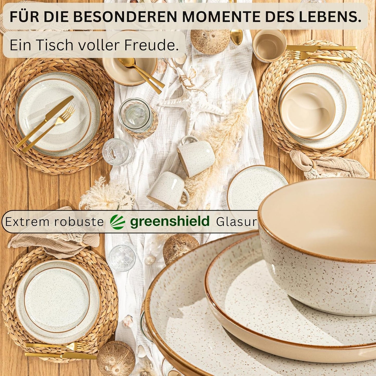 SÄNGER Rio Creme | Set di stoviglie in gres da 18 pezzi per 6 persone, inclusi 6 piatti piani, 6 piatti da dessert e 6 ciotole | LA COLLEZIONE DI VALORE