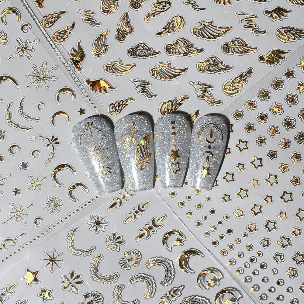 8 fogli Luna e stelle dorate Adesivi per nail art Ali d'angelo Adesivi per unghie color oro marrone chiaro Stelle Foil per unghie Adesivi autoadesivi per unghie Accessori per il design delle unghie Adesivi per unghie