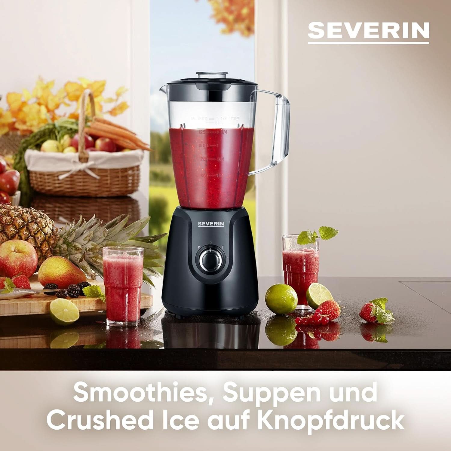 SEVERIN Robot da cucina con miscelatore da 1,5 L in tritan, mixer con 2 fuochi e funzione a impulsi, Leistungsstarker Küchenmixer con Edelstahlmesser, 600 W, Nero, SM 3707 Cucina Naty Shop