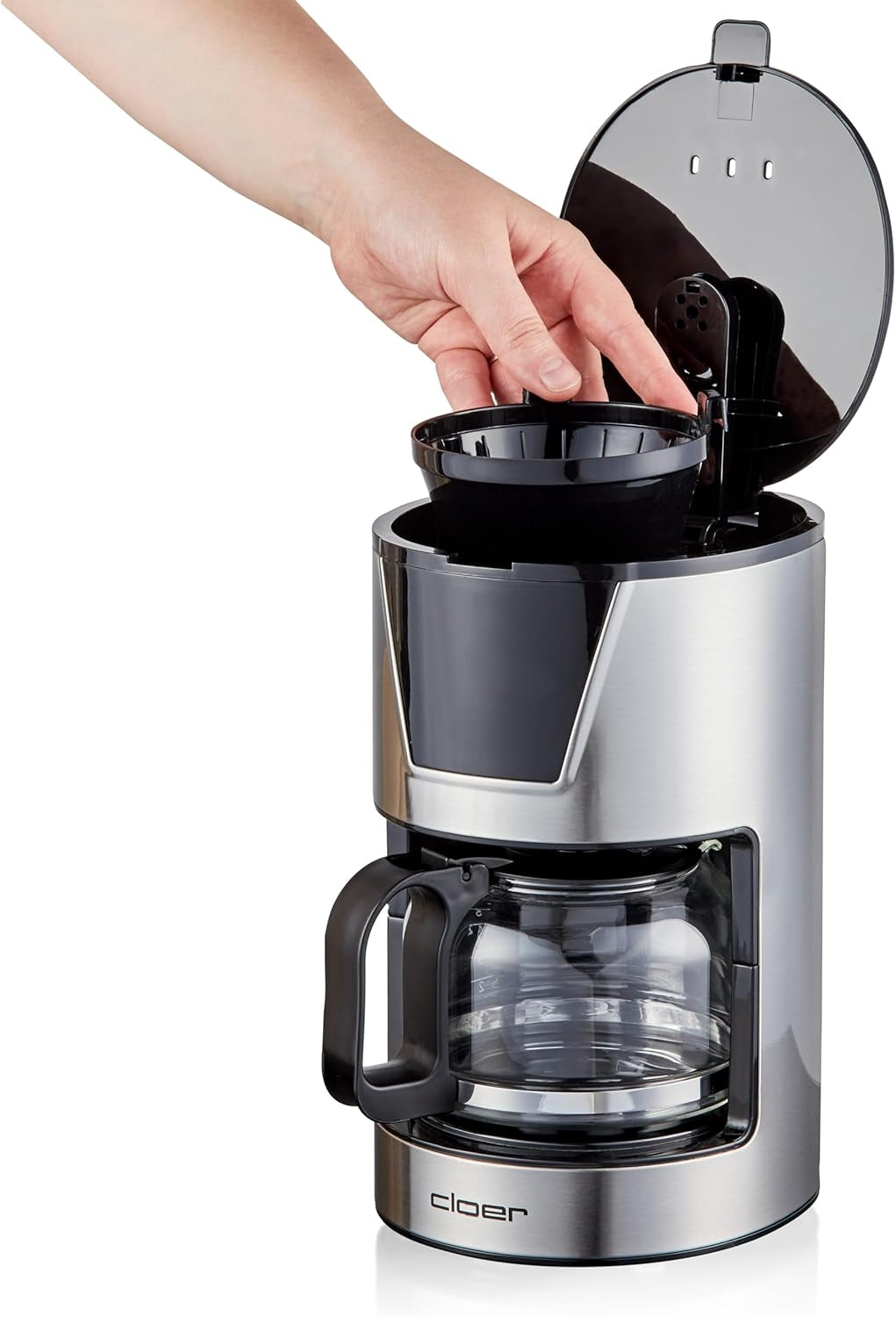 Macchina per caffè espresso con filtro Cloer da 6 tazze, funzione di mantenimento in caldo delicato, caraffa in vetro, misurino, indicatore del livello dell'acqua, sistema antigoccia, spegnimento automatico, dimensione filtro 1x2, 550 W, acciaio inossidabile
