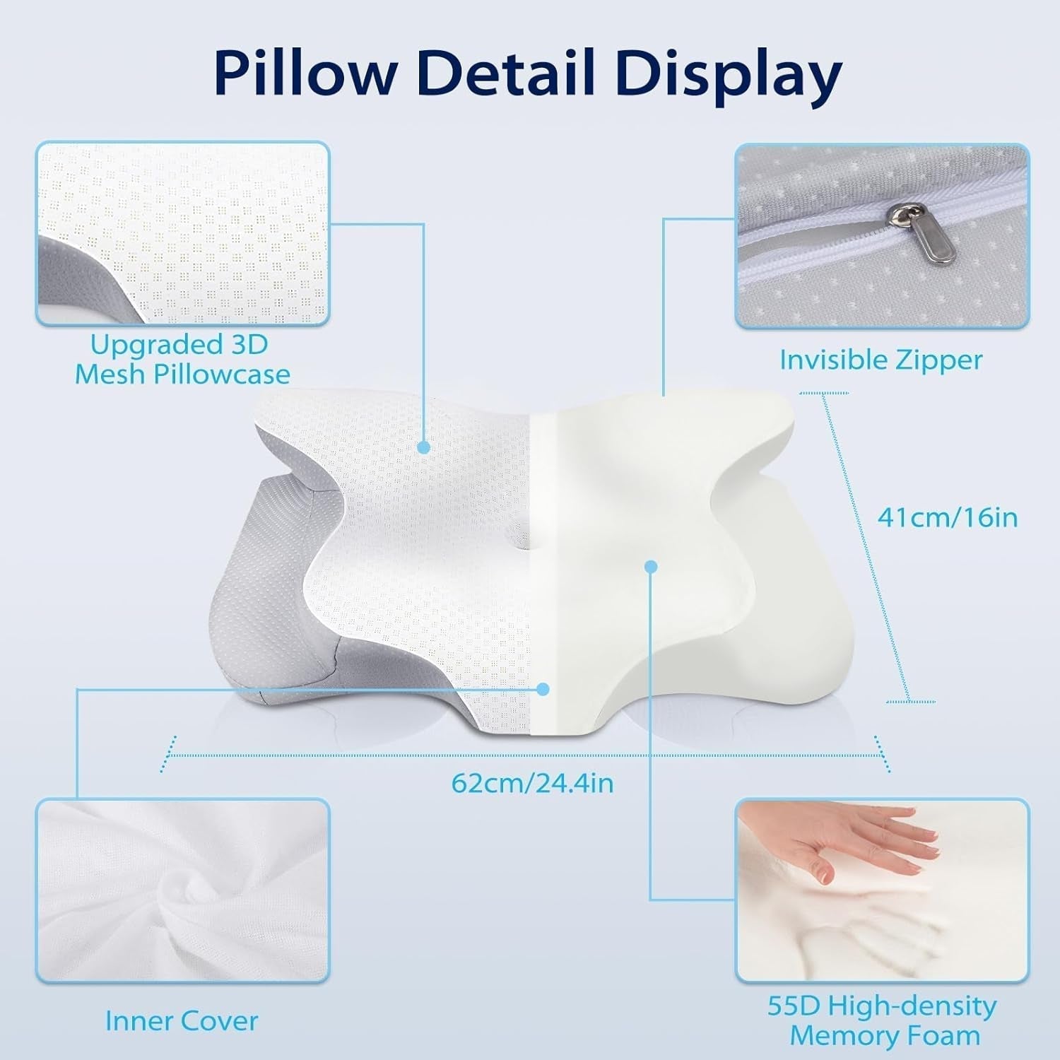 HOMCA Cuscino Collo, Cuscino ergonomico in Memory Foam Fodera per cuscino rinfrescante 3D per posizione supina, laterale o prona, 62 X 41 X 9,5/12,5 Cm Cuscini ortopedici cervicali Naty Shop