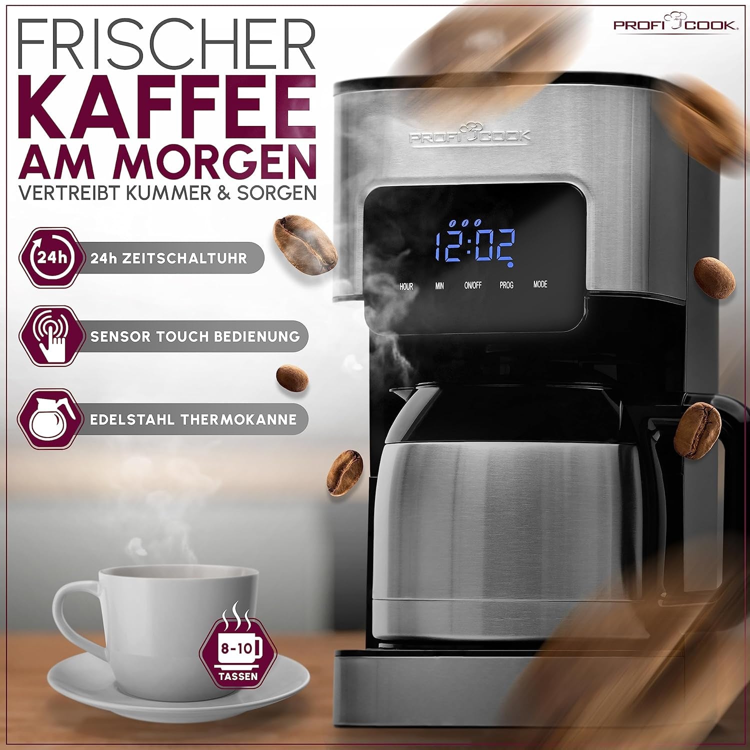 Macchina da caffè Profi Cook | 8-10 tazze | Temporizzatore | Controlli tattili con sensore | Caraffa termica a doppia parete da 1,2 litri | Sigillo di sapore | Caffettiera con filtro in acciaio inox | PC-KA 1191