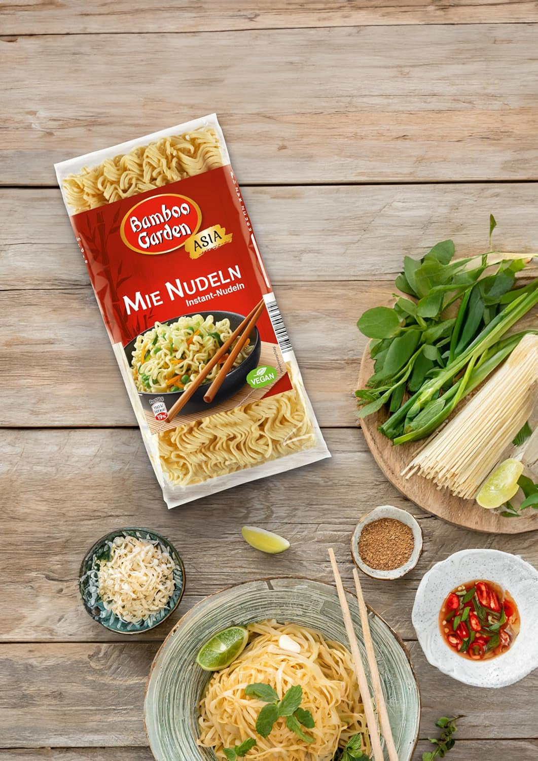 Giardino di bambù - Mie Noodles | Noodles istantanei per la cucina asiatica | Ideale per piatti wok o zuppe Vegani | Busta da 250 g