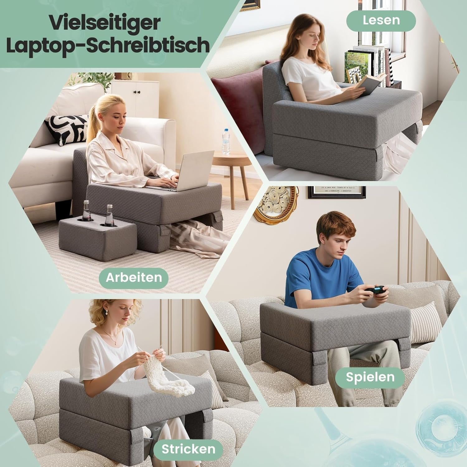 Cuscino da lettura per letto e divano, cuscino per libri, liberamente abbinabile con portabevande e fodera lavabile, cuscino da scrivania regolabile per laptop per leggere, giocare, lavorare, scrivere (Grigio)