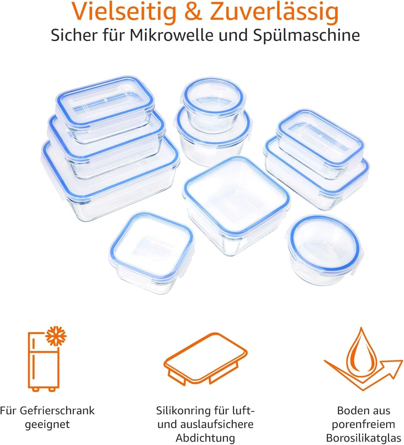Amazon Basics Contenitori per alimenti in vetro con coperchio Confezione da 20 (10 contenitori + 10 coperchi) Scatole per alimenti trasparenti senza BPA Naty Shop