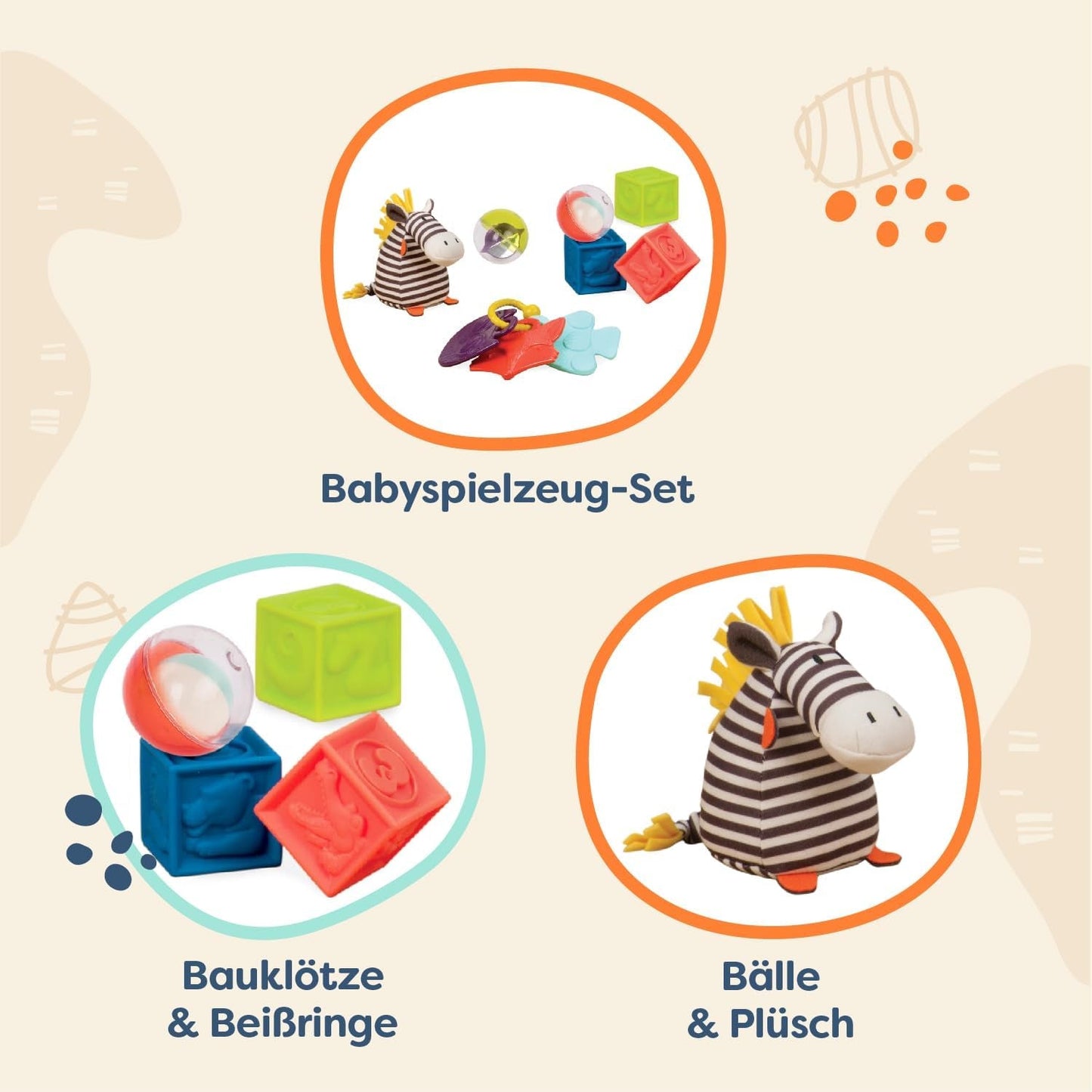 B. Toys Set di giocattoli per bambini con peluche Zebra, anello per la dentizione, mattoncini morbidi e palline - Set regalo di giocattoli di motricità per neonati a partire da 0 mesi Giocattoli per bambini Naty Shop