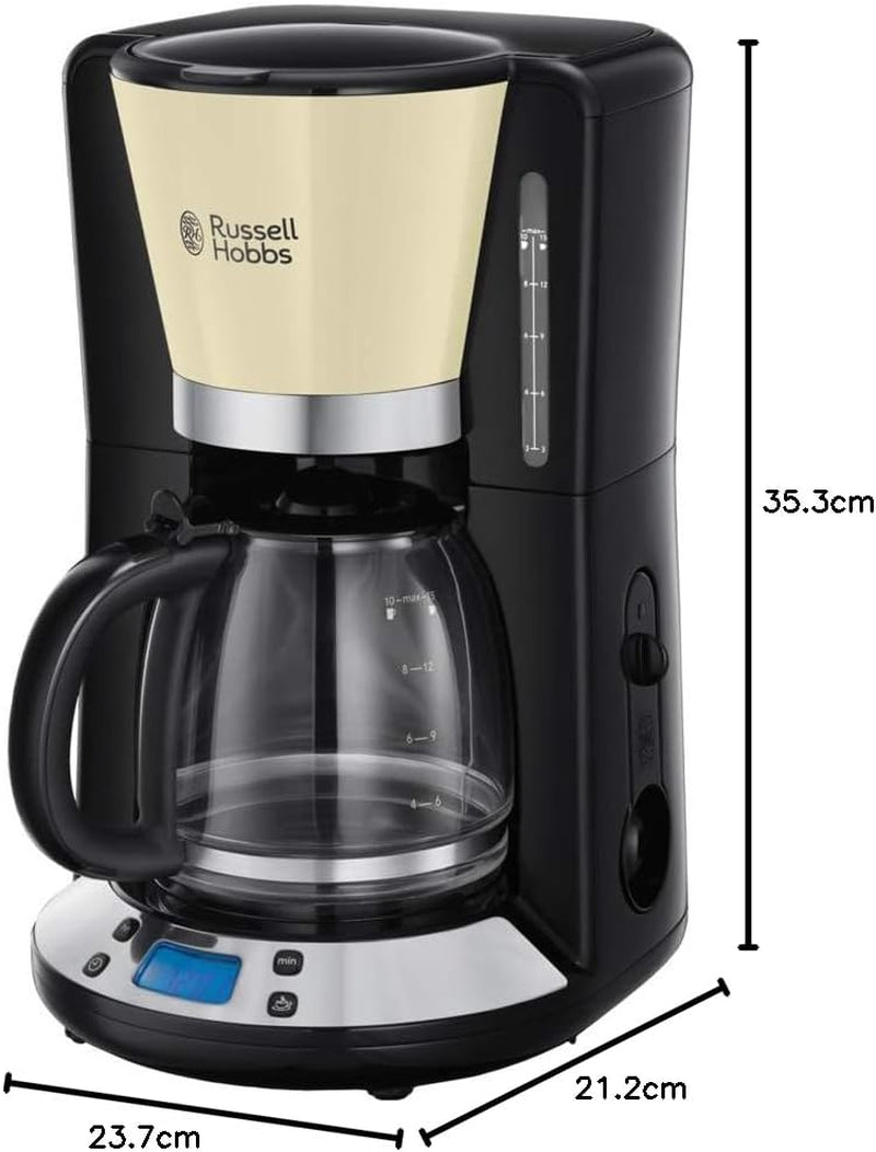 Caffettiera Russell Hobbs [Timer digitale, soffione doccia per estrazione e aroma ottimali] Colors+ Creme (da 1 a 10 tazze, caraffa in vetro da 1,25 litri, piastra riscaldante, 1100 W) Caffettiera con filtro 24033-56