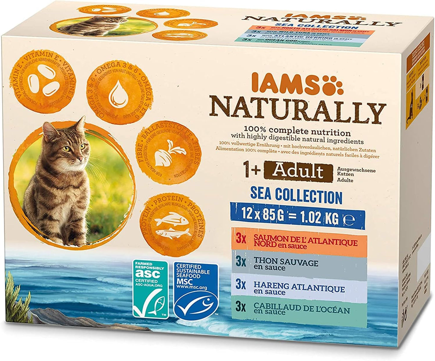 IAMS Alimento Umido Naturale per Gatti in Salsa - Alimento Umido di Alta Qualità con Pesce per Gatti Adulti, Collezione Mare, 12 x 85g