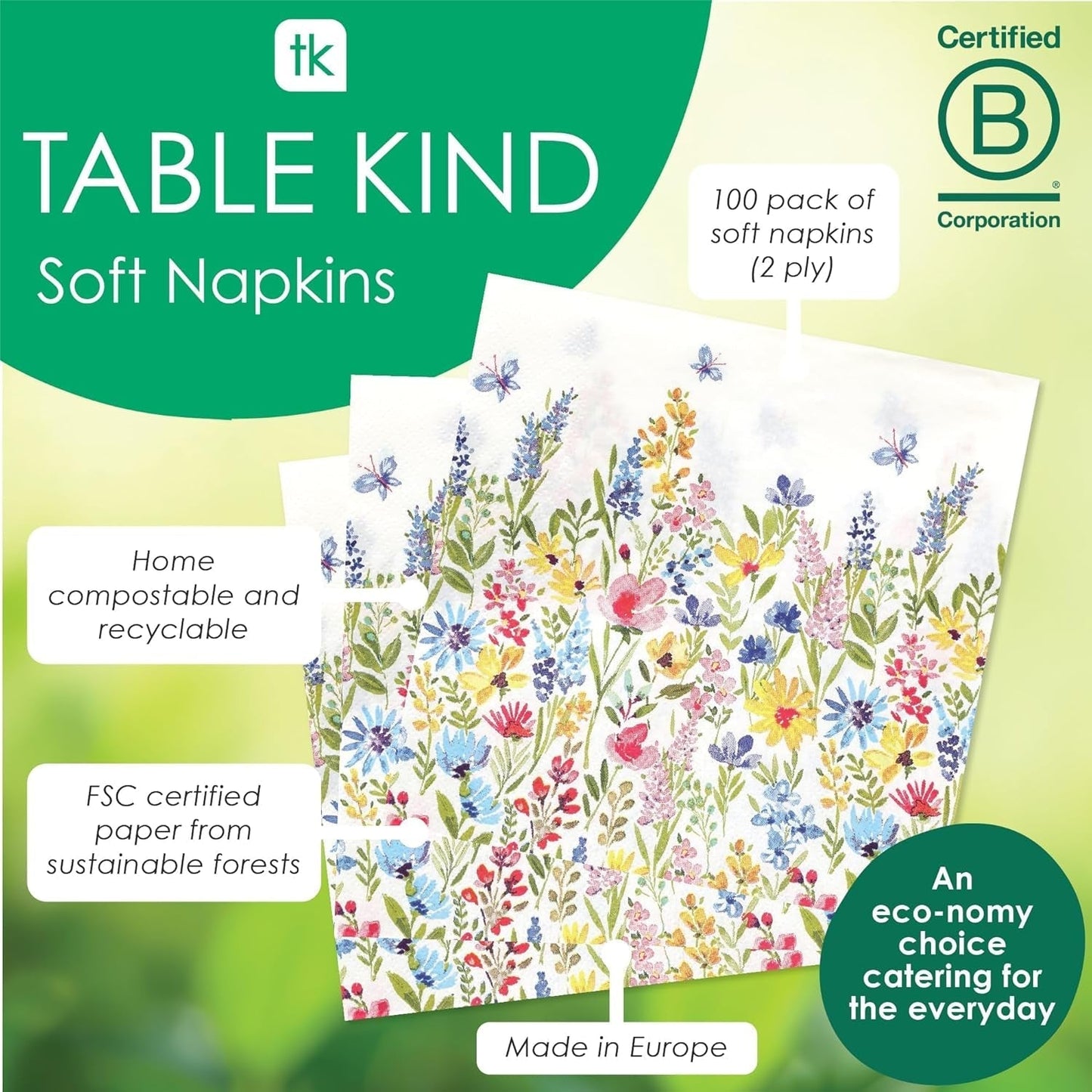 Talking Tables Tovaglioli usa e getta da tavolo, Tovaglioli di carta morbidi, Tovaglioli usa e getta con motivi floreali, Per matrimoni o uso quotidiano, Ecologici, Compostabili, Riciclabili