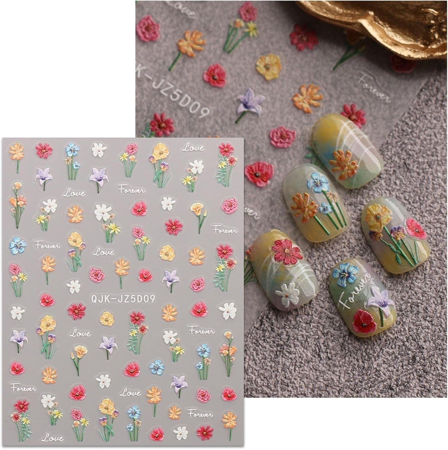 JMEOWIO 3D Nagelsticker Blumen Nail Art Sticker Selbstklebend Nagelaufkleber 5D Stereoscopico Frühling Sommer Blumen Dekoration Nageldesign Zubehör 4 Blatt