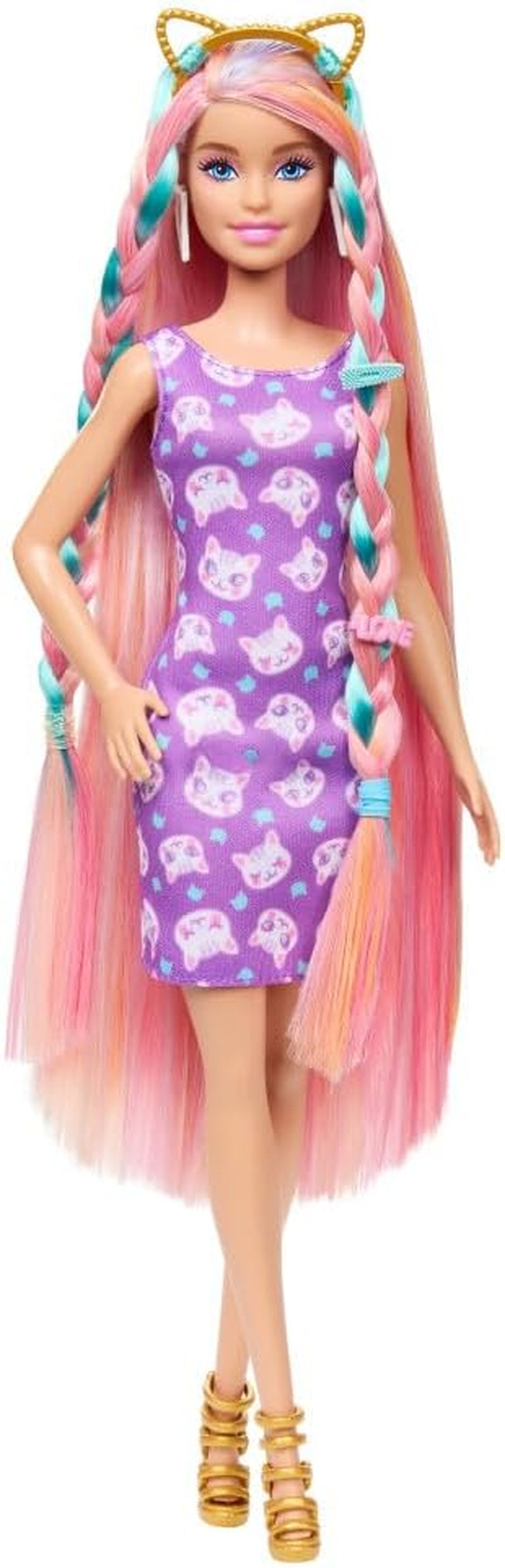 Barbie Totally Hair - Bambola con capelli arcobaleno extra lunghi facili da acconciare e 10 accessori alla moda e per lo styling, vestito a pois color block, dai 3 anni in su, HKT96