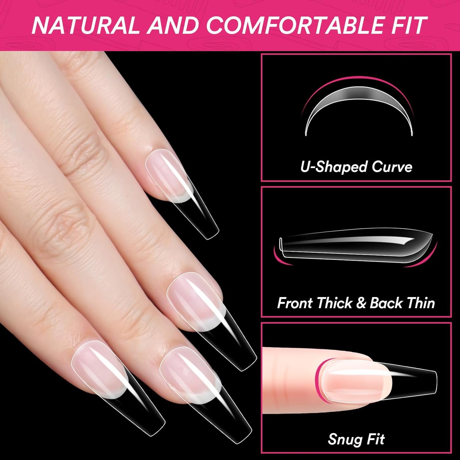 Alyvisun Punte per Unghie Balletto, 500 Punte per Unghie Acriliche a Copertura Completa con Set di 240 Adesivi per Unghie, 10 Dimensioni Punte per Unghie in Gel Trasparente Punte per Unghie in Gel Morbido Punte per Unghie Ballerina