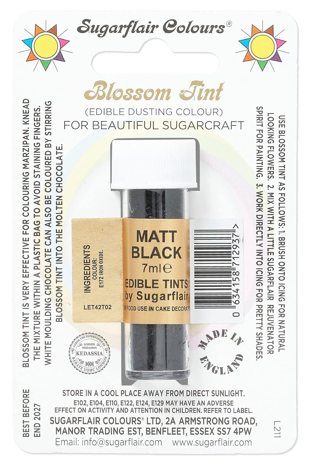 Colorante alimentare in polvere Sugarflair Blossom Tint Dusting, nero opaco - Colorante alimentare in polvere per decorare pasta di zucchero colorata, fondente, glassa, cioccolato, crema al burro, amaretti - 7ml