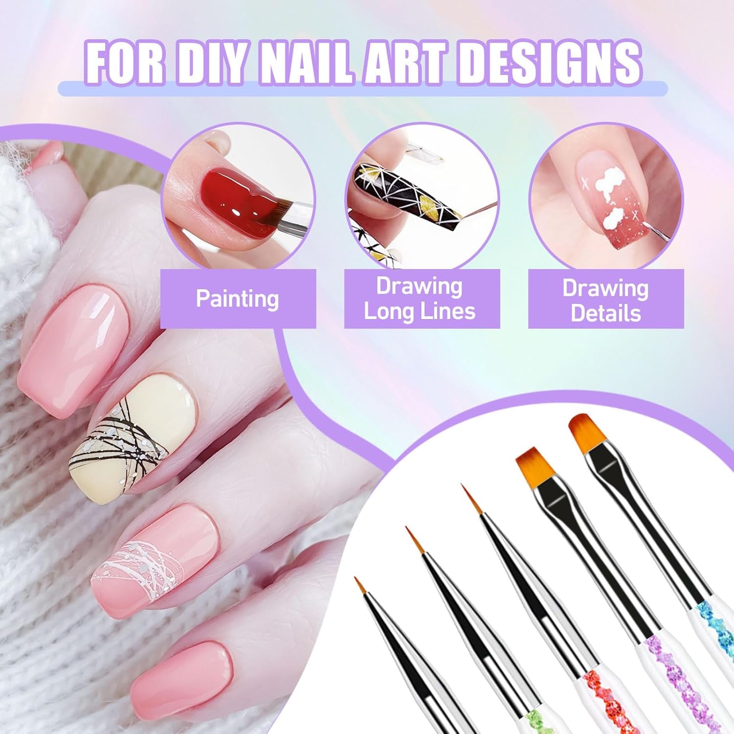 Sularpek 6 Pezzi Pinsel per Nail Art, Pinsel per Nail Art, Set di Pinsel per Nail Art, Set di Pinsel per Nail Art, Strumenti per punteggiare Nail Art con 1 applicatore a pennello in spugna, Accessori per Nail Art per design fai da te per Nail Art