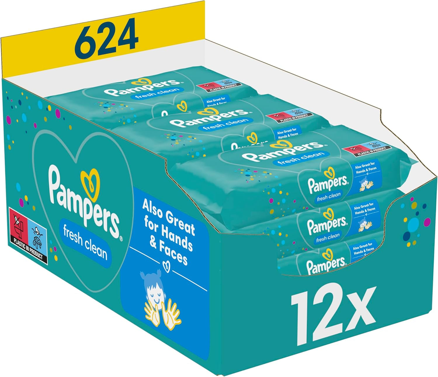 Salviettine umidificate Pampers Fresh Clean, 12 confezioni da 52 salviette, 624 salviette totali, profumo leggero, adatte anche per mani e viso