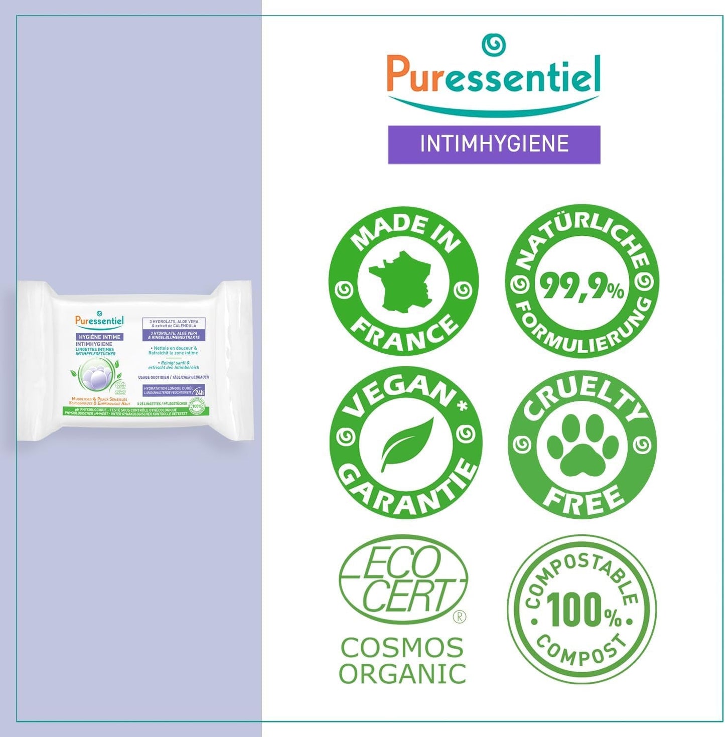 Puressentiel - Igiene intima - Salviette intime - Detergenti e rinfrescanti - Mucose e pelle sensibili - Idratazione lunga durata 24 ore - Per uso quotidiano - X25 pz.