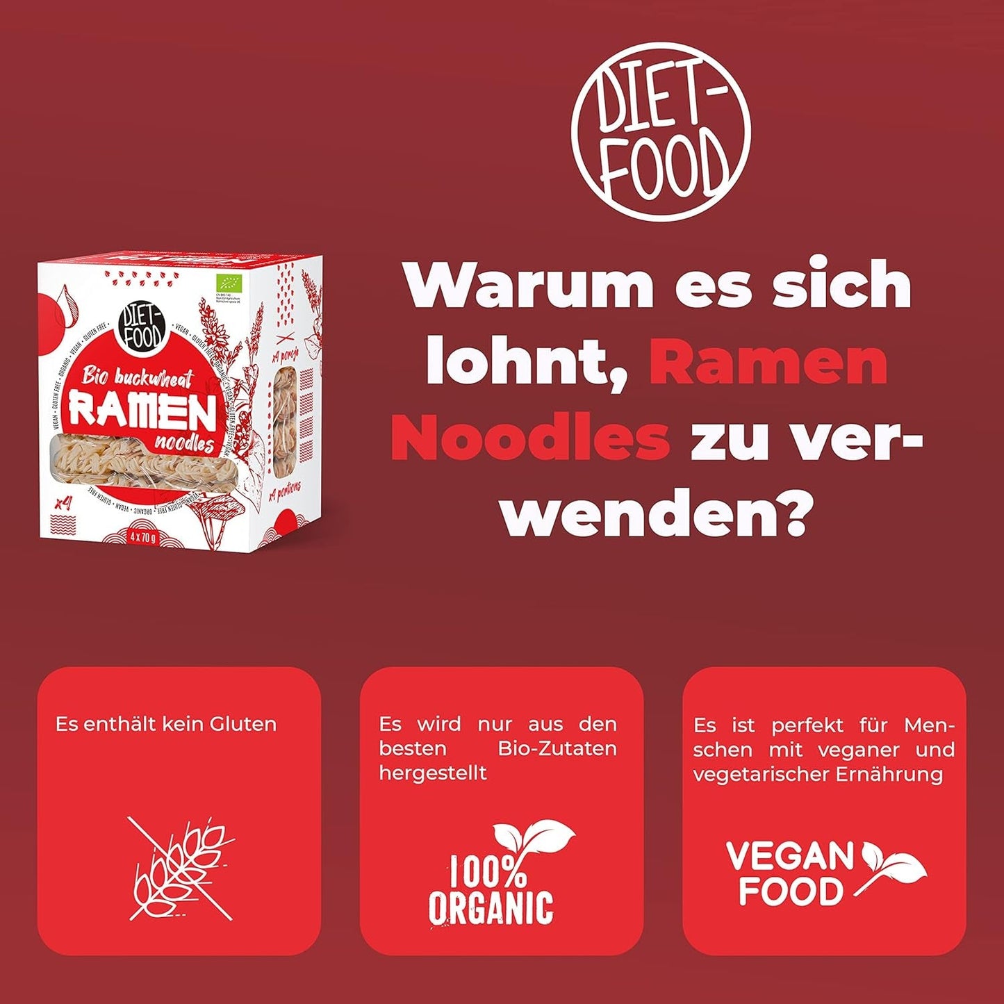 DIET-FOOD Tagliatelle Ramen di Grano Saraceno Biologico, Cibo Vegetariano e Vegano, Senza Grassi, Senza Soia, Senza Glutine, Tagliatelle Dietetiche Solubili in Acqua, a Basso Contenuto Calorico, 280g