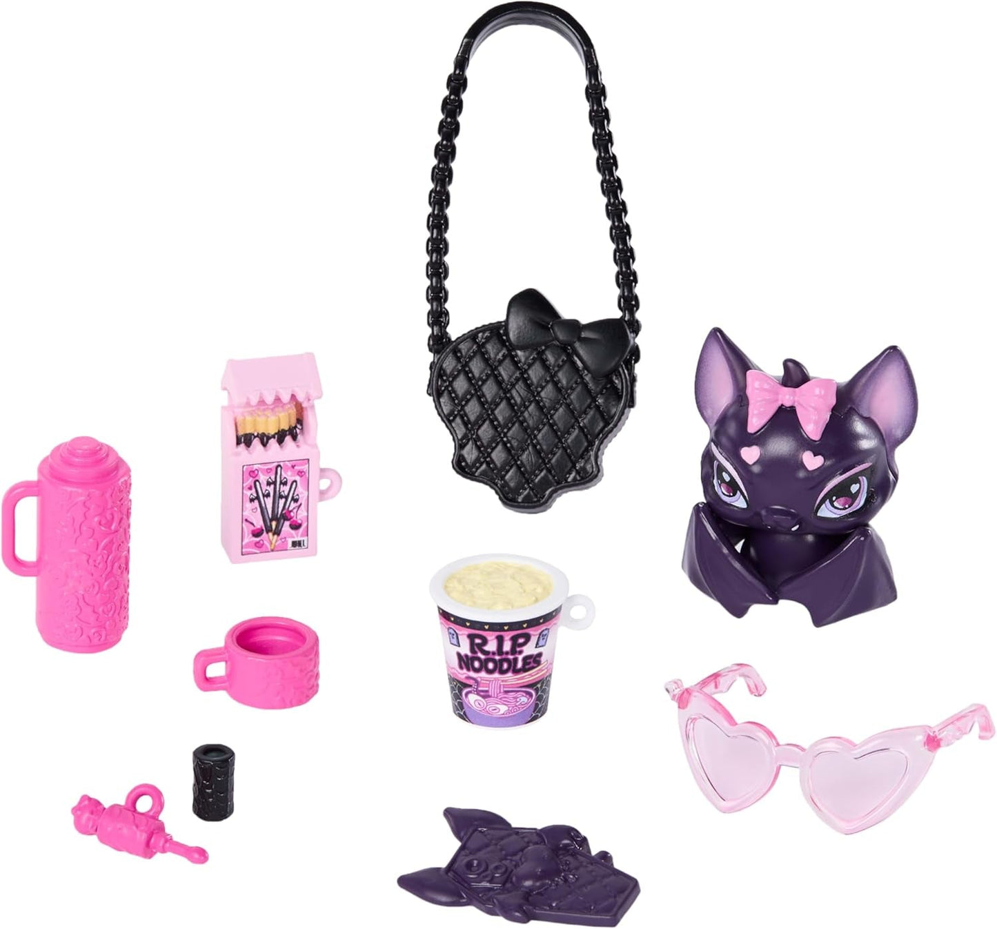 Monster High bambola Draculaura in abito rosa con fiocchi e cardigan nero con il conte favoloso pipistrello e 7 accessori tra cui ramen, rossetto e borsa, JHK29