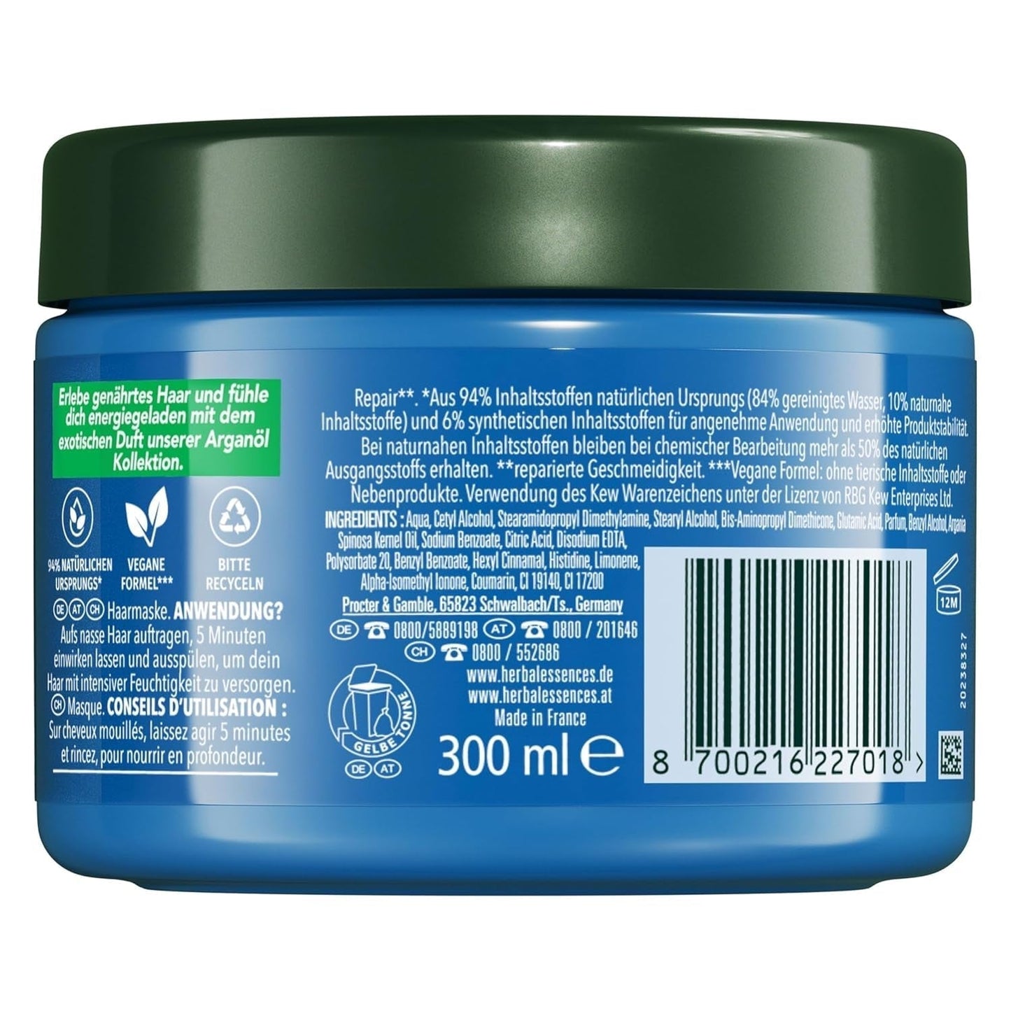 Herbal Essences Maschera riparatrice per capelli con olio di argan 300ml. Dai capelli danneggiati ai capelli più lisci e lucenti. Terapia intensiva. Con ingredienti di origine naturale. Maschera per capelli Vegan Naty Shop