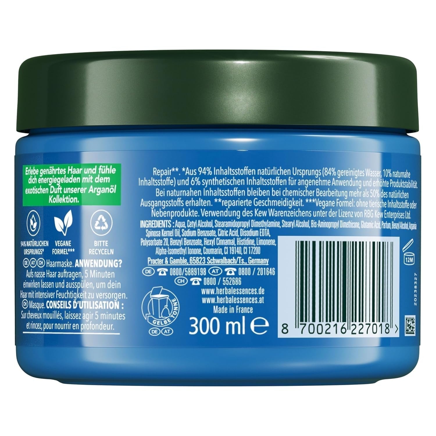 Herbal Essences Maschera riparatrice per capelli con olio di argan 300ml. Dai capelli danneggiati ai capelli più lisci e lucenti. Terapia intensiva. Con ingredienti di origine naturale. Maschera per capelli Vegan Naty Shop