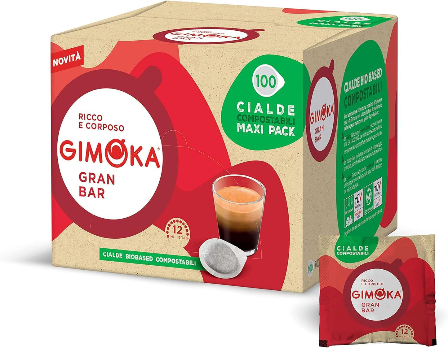 Gimoka Kompostierbare Kaffeepads, Gran Bar Intenso Kaffeemischung, Intensität 12-100 Pads - Compatibile con il sistema ESE Papier Pads 44 mm