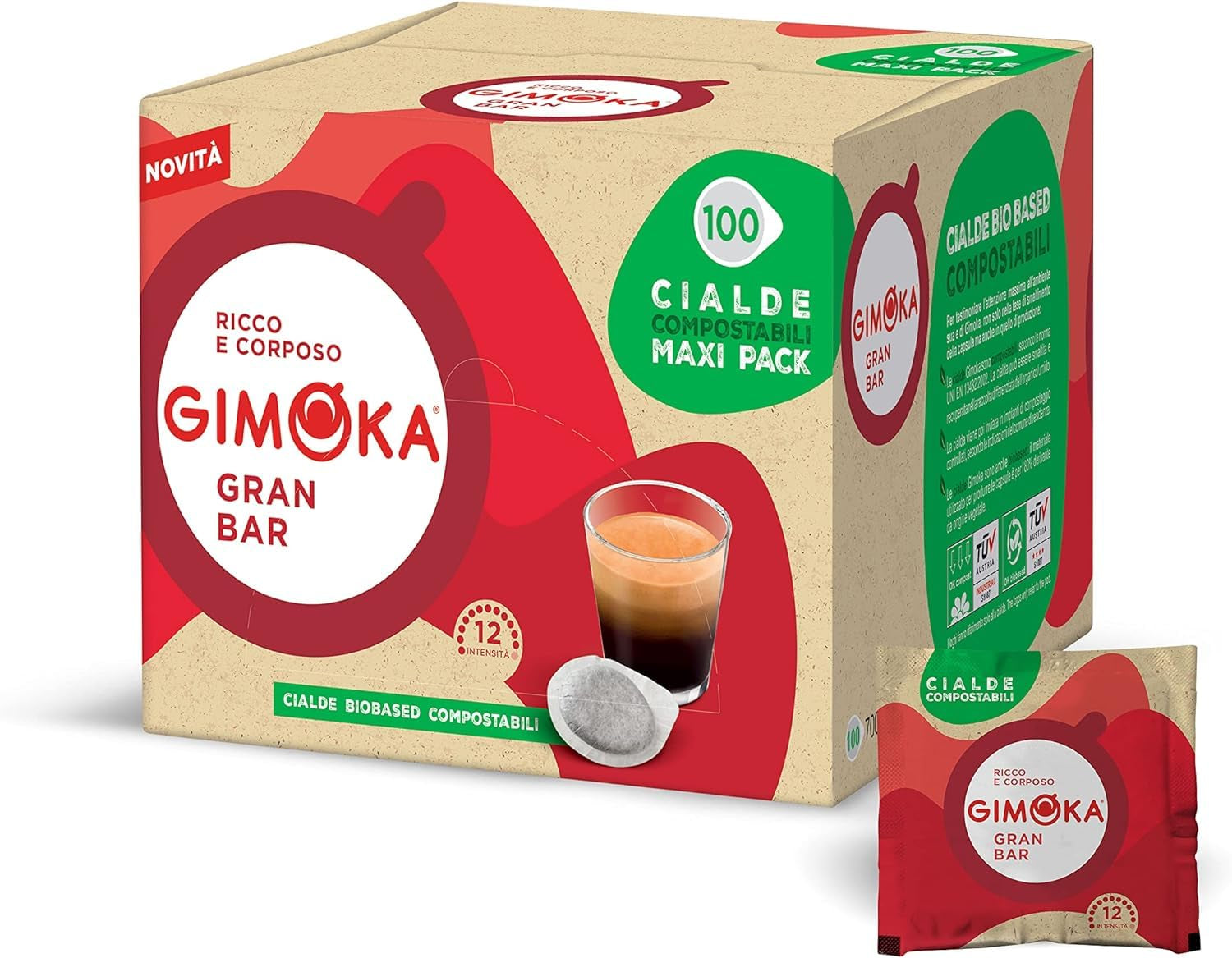 Gimoka Kompostierbare Kaffeepads, Gran Bar Intenso Kaffeemischung, Intensität 12-100 Pads - Compatibile con il sistema ESE Papier Pads 44 mm