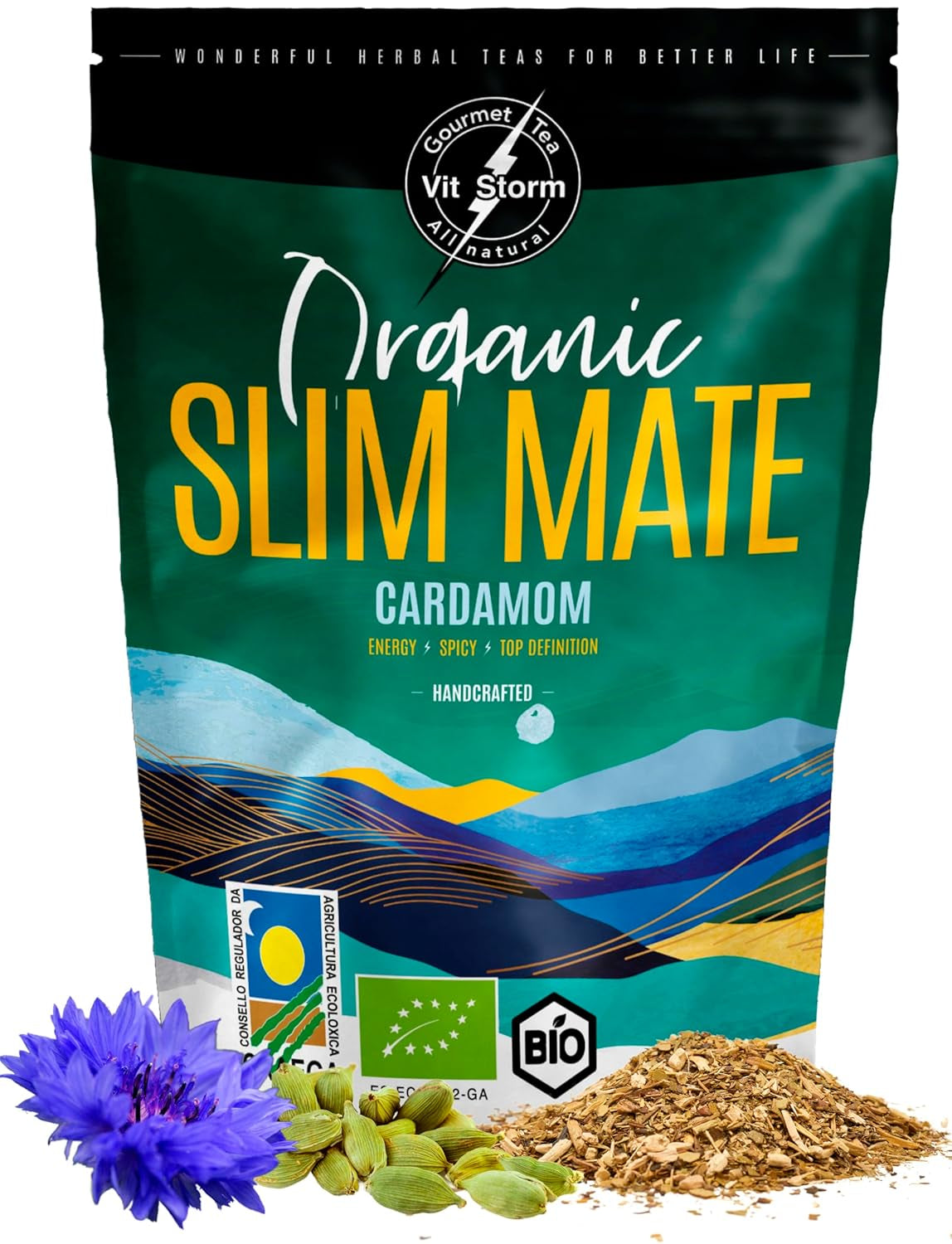 VITSTORM® Slim Tea Cardamom – Tè Yerba Mate BIO – Tè disintossicante e diuretico – 100G