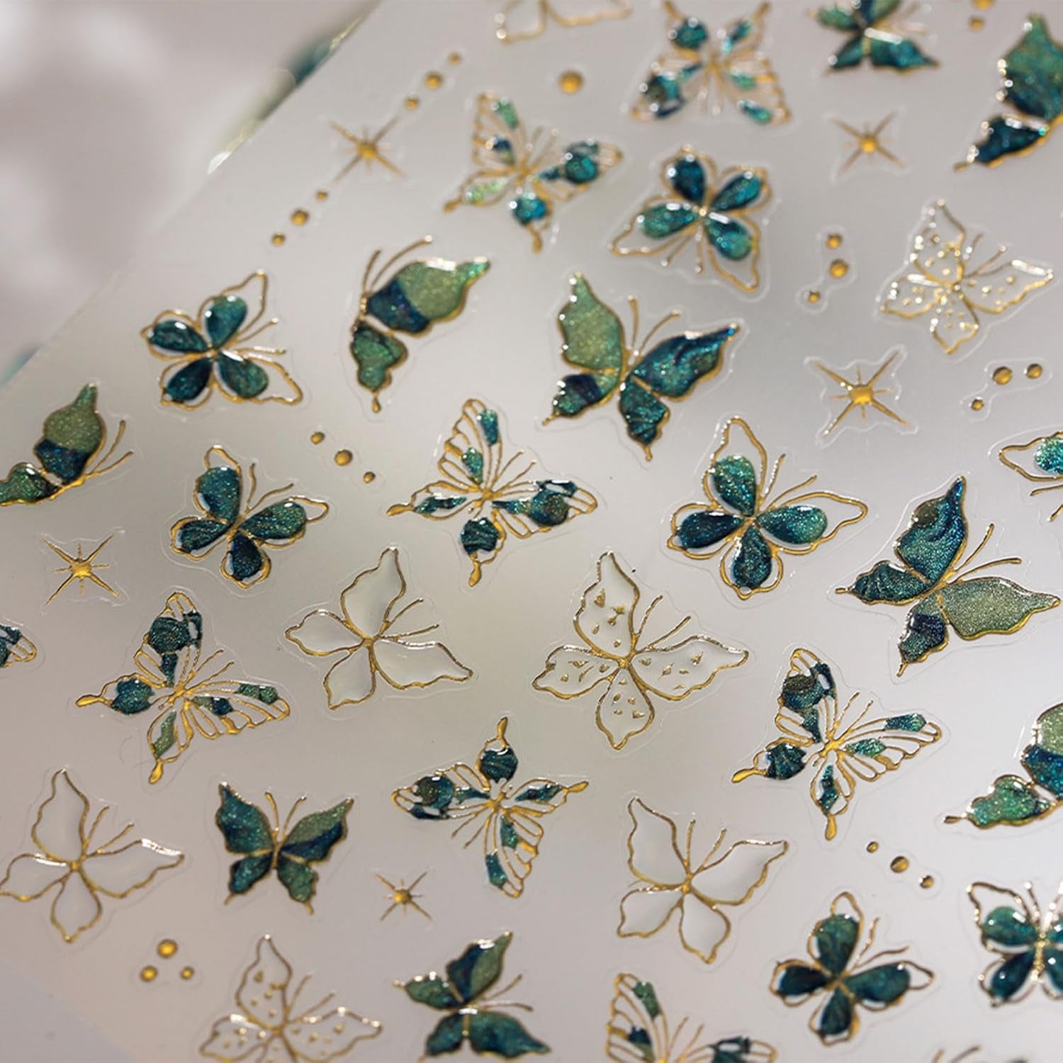 JMEOWIO 3D Nagelsticker Grün Gold Schmetterling Nail Art Sticker Self-klebend Nagelaufkleber 5D Stereoskopisch Dekoration Nageldesign Zubehör 1 Blatt