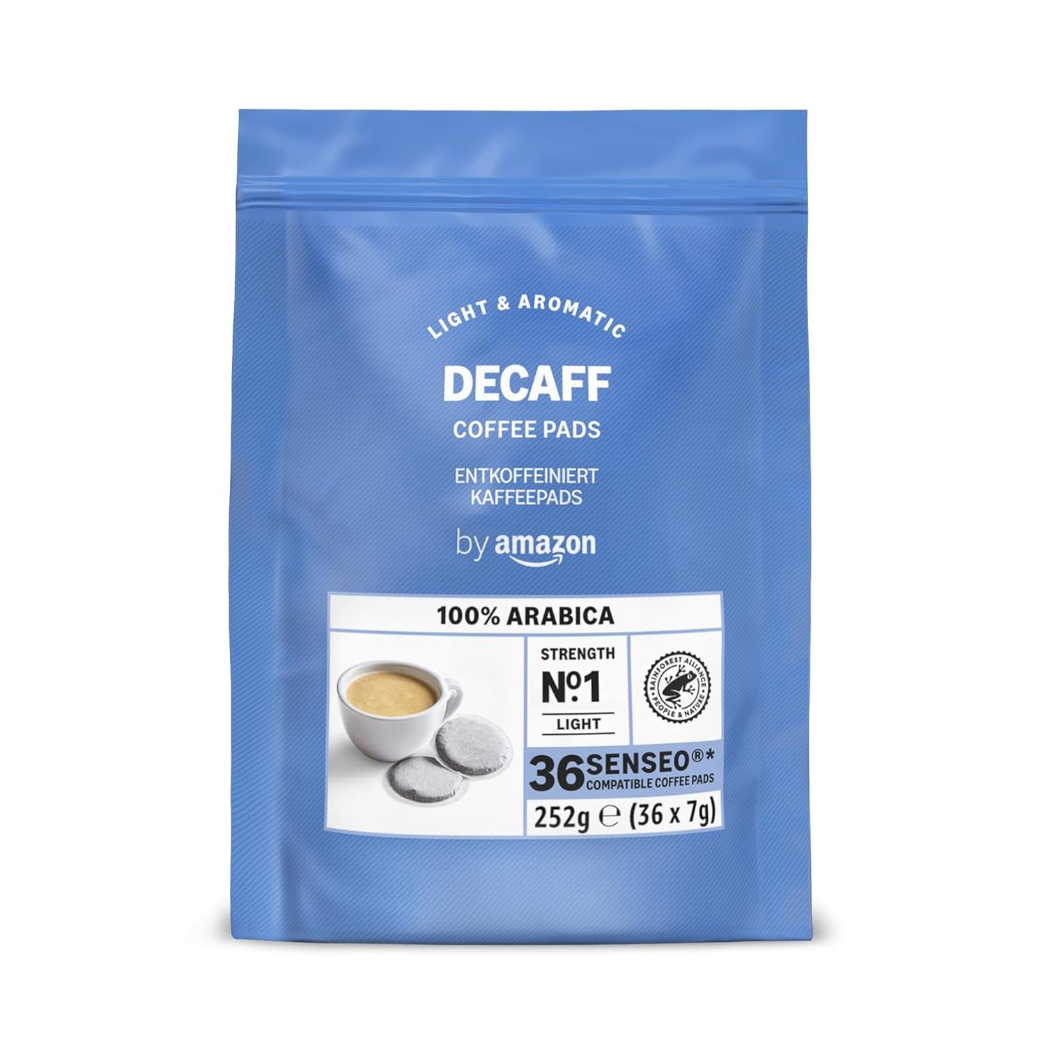 di Amazon Entkoffeinierte 100% Arabica-Kaffeepads, geeignet für Senseo-Maschinen, medium Röstung, 36 Stück (1 Packung mit 36 ​​​​Stück) – Rainforest Alliance-zertifiziert