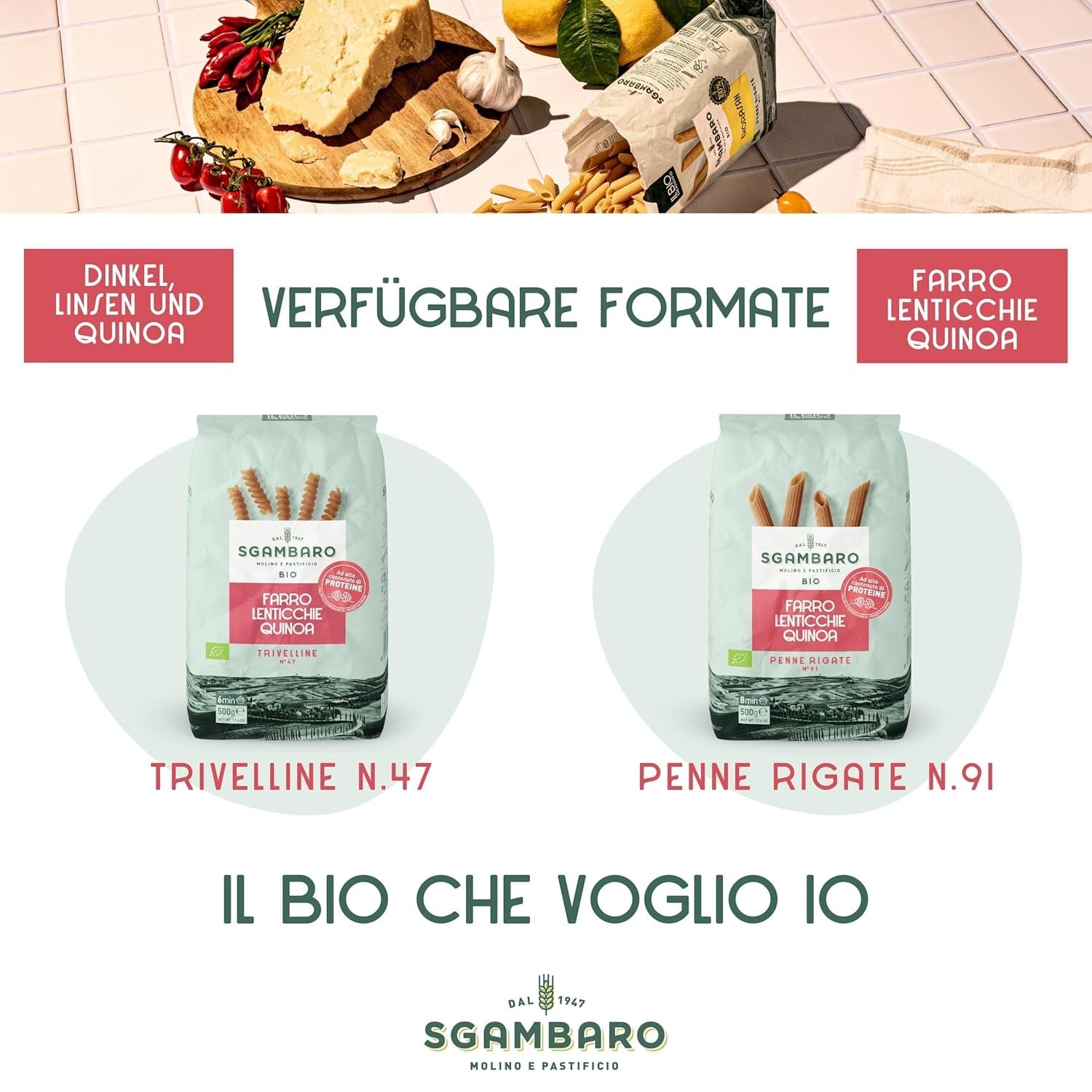 Pasta biologica Trivelline N.47 - 500g con farina di farro, farina di lenticchie e farina di quinoa - Ricca di proteine, fonte di fibre e proteine