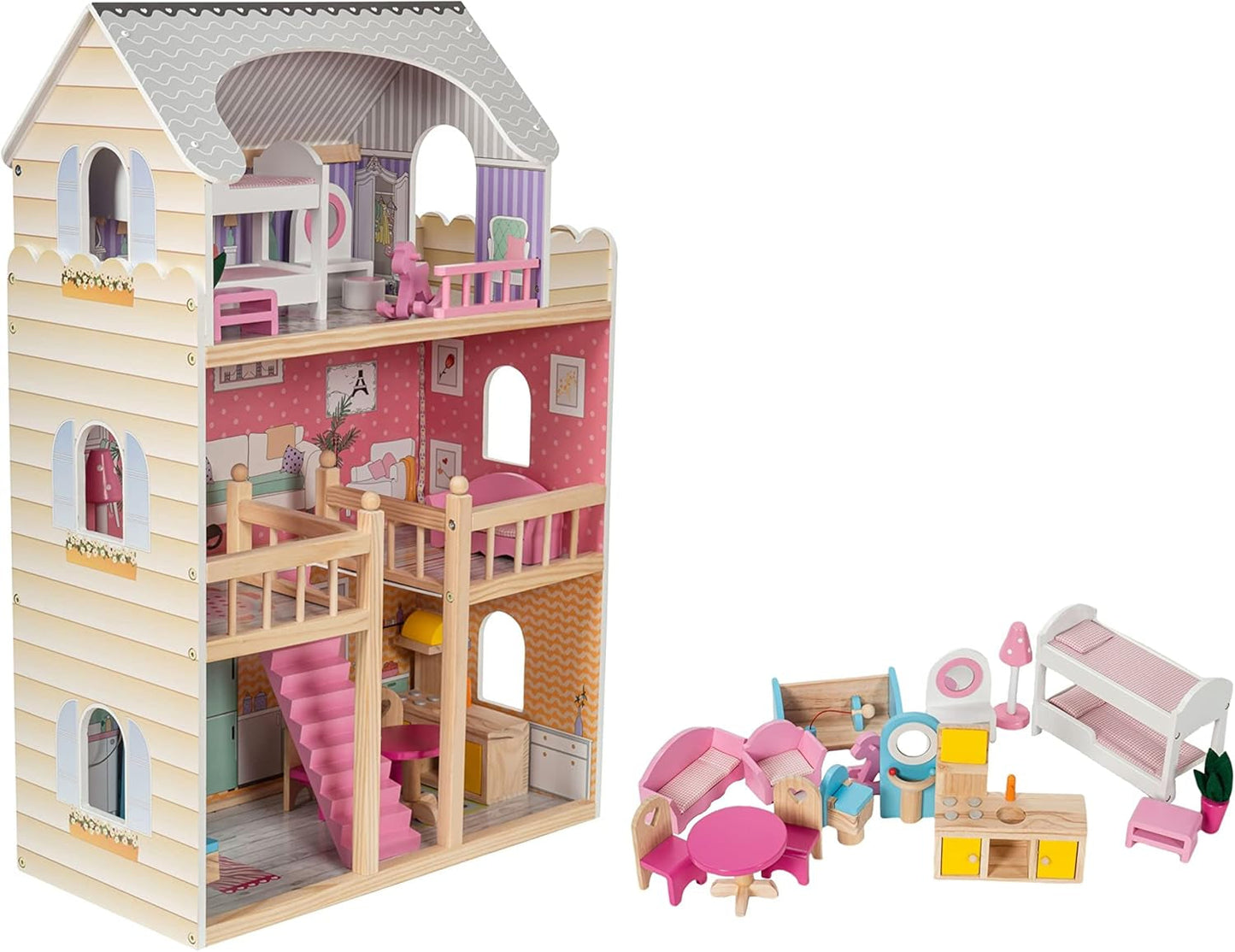 A405 Casa delle bambole illuminata a LED - Set di 3 livelli e mobili - Casetta in legno con accessori: cucina, bagno, camera da letto - Regalo per ragazze dai 3 anni in su Case delle bambole Naty Shop Titolo predefinito