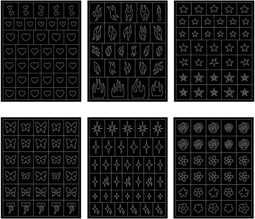 6 Fogli Modello Aerografo Adesivi per Unghie, Farfalla Fiamma Stelle Cuore Stelle Adesivi per Unghie Stampa Stencil Strumento Nail Art Adesivi Autoadesivi per Donne Nail Art Design Adesivi