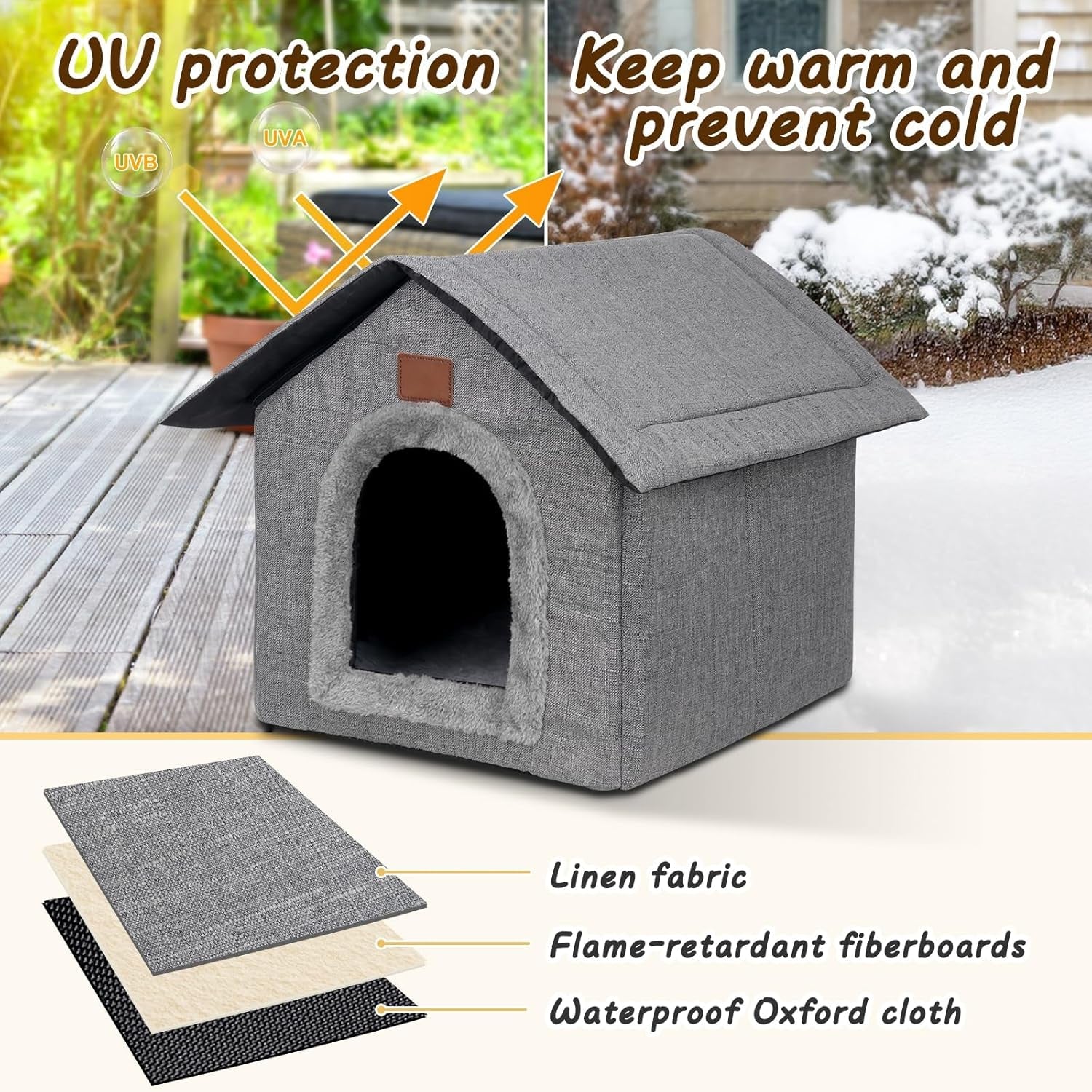 Katzenhaus Outdoor Winterfest, Katzenhöhle, Hundehöhle mit Abnehmbarem Plüschkissen, Wasserdicht Wetterfester, Hundehütte Indoor, Hundehaus für Drinnen/Indoor 35x30x35cm (Grigio, S)