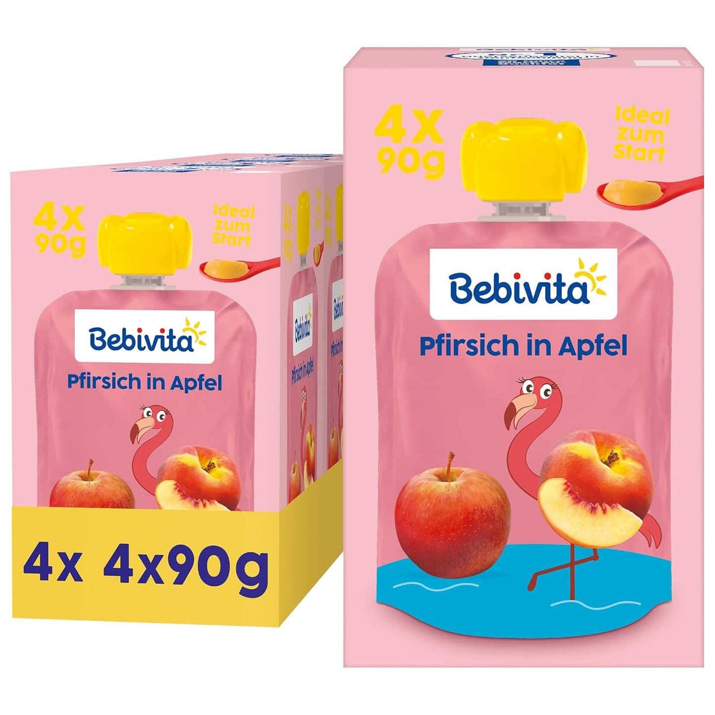 Buste comprimibili pesca e mela - Confezione da 16 (4 confezioni, 4 x 90 g ciascuna), senza zuccheri aggiunti, senza glutine, vegano, ideale per bambini dai 5 mesi, perfetto da asporto