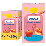 Buste comprimibili pesca e mela - Confezione da 16 (4 confezioni, 4 x 90 g ciascuna), senza zuccheri aggiunti, senza glutine, vegano, ideale per bambini dai 5 mesi, perfetto da asporto
