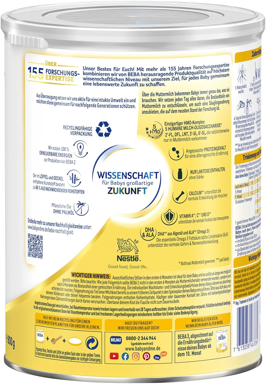 BEBA 2 - Latte di proseguimento dopo 6 mesi, con complesso 5 HMO, contenuto proteico adatto all'età, senza lattosio, senza olio di palma, senza olio di pesce, alimenti per l'infanzia, latte in polvere per bambini, confezione da 3 (3 x 800 g)