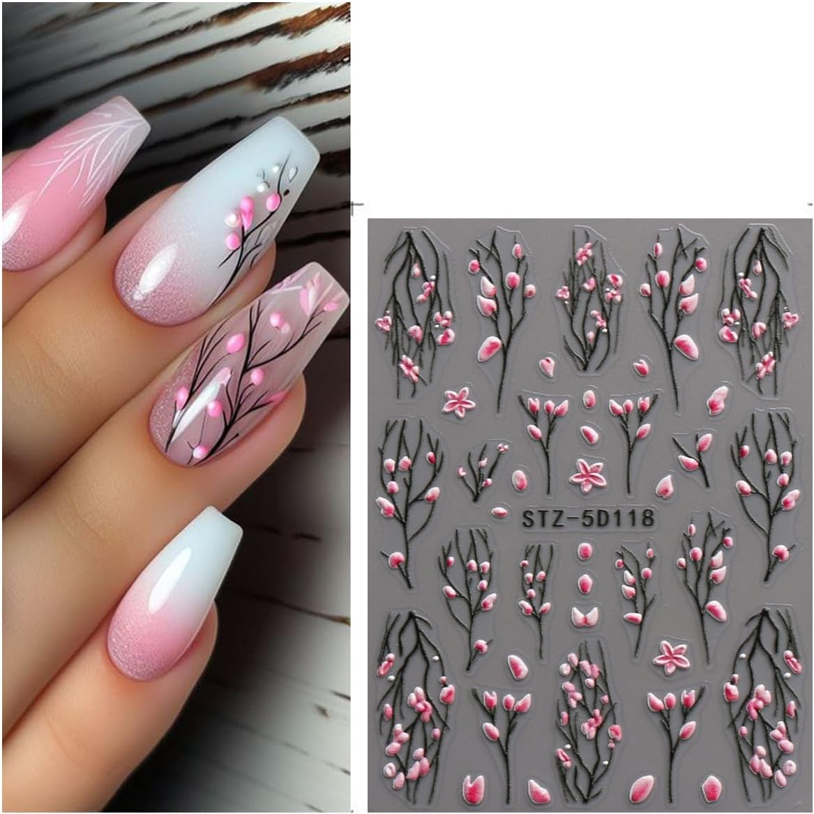 JMEOWIO 3D Nagelsticker Blume Nail Art Sticker Self-klebend Nagelaufkleber 5D Stereoscopico Frühling Sommer Floral Dekoration Nageldesign Zubehör 4 Blatt