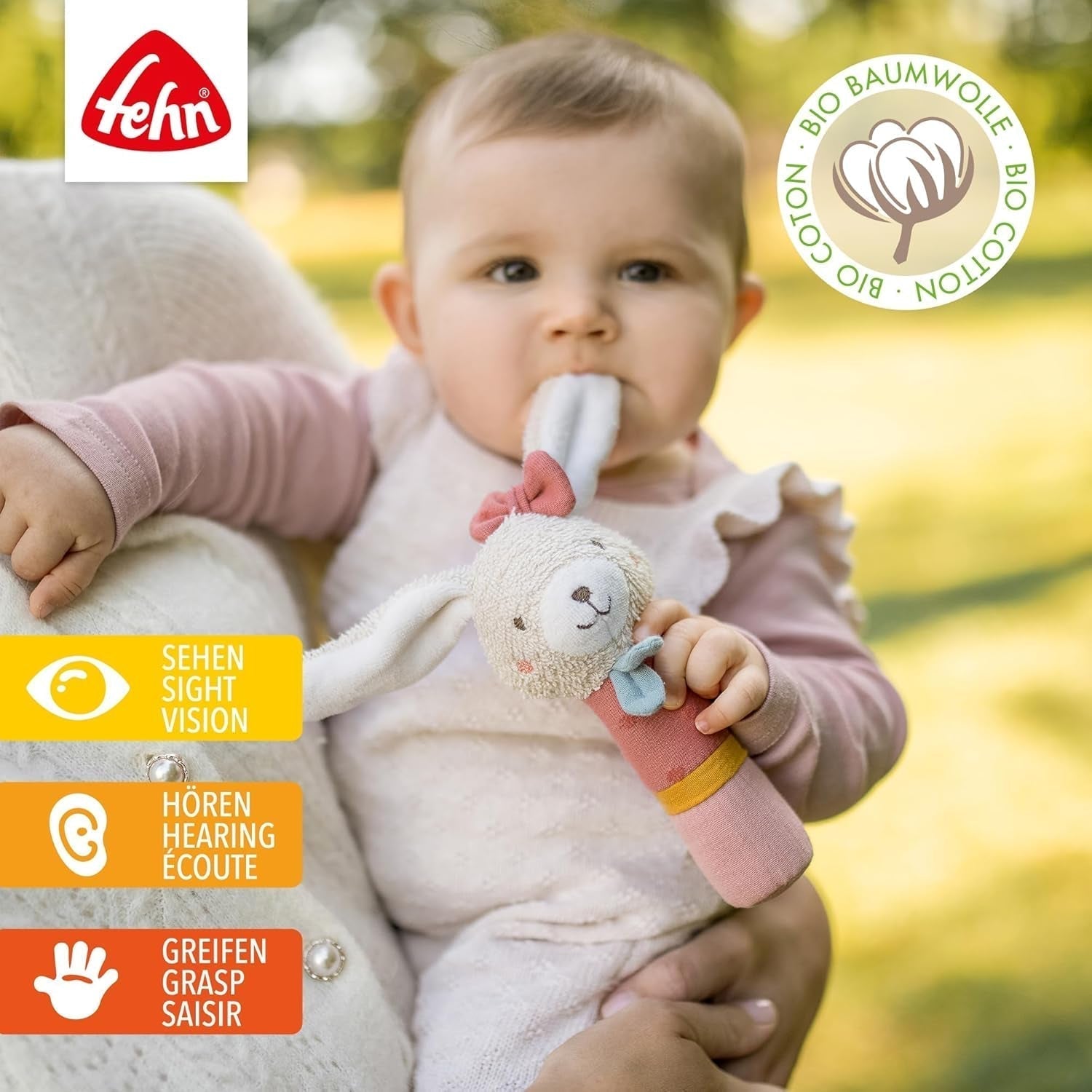 Fehn giocattolo con bastoncino da afferrare per bambini fehnNatur giocattolo per conigli - giocattolo per attività motoria con sonaglio per afferrare, abbracciare - giocattolo da afferrare con cotone biologico - giocattolo per neonati e bambini da 0+ mesi Baby Toys Naty Shop