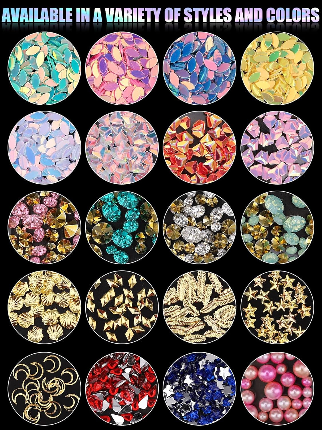 EBANKU Nail Art Strass Kit Multi Design Zubehör Mit 1 Pinzetten 1 Stück Wachsstifte Deko Diamondn Kristalle Perlen Edelsteine ​​​​Bunt Pferdeaugen Strass Metall Nieten Für Nagel DIY (1 Stück (10Er Pack))