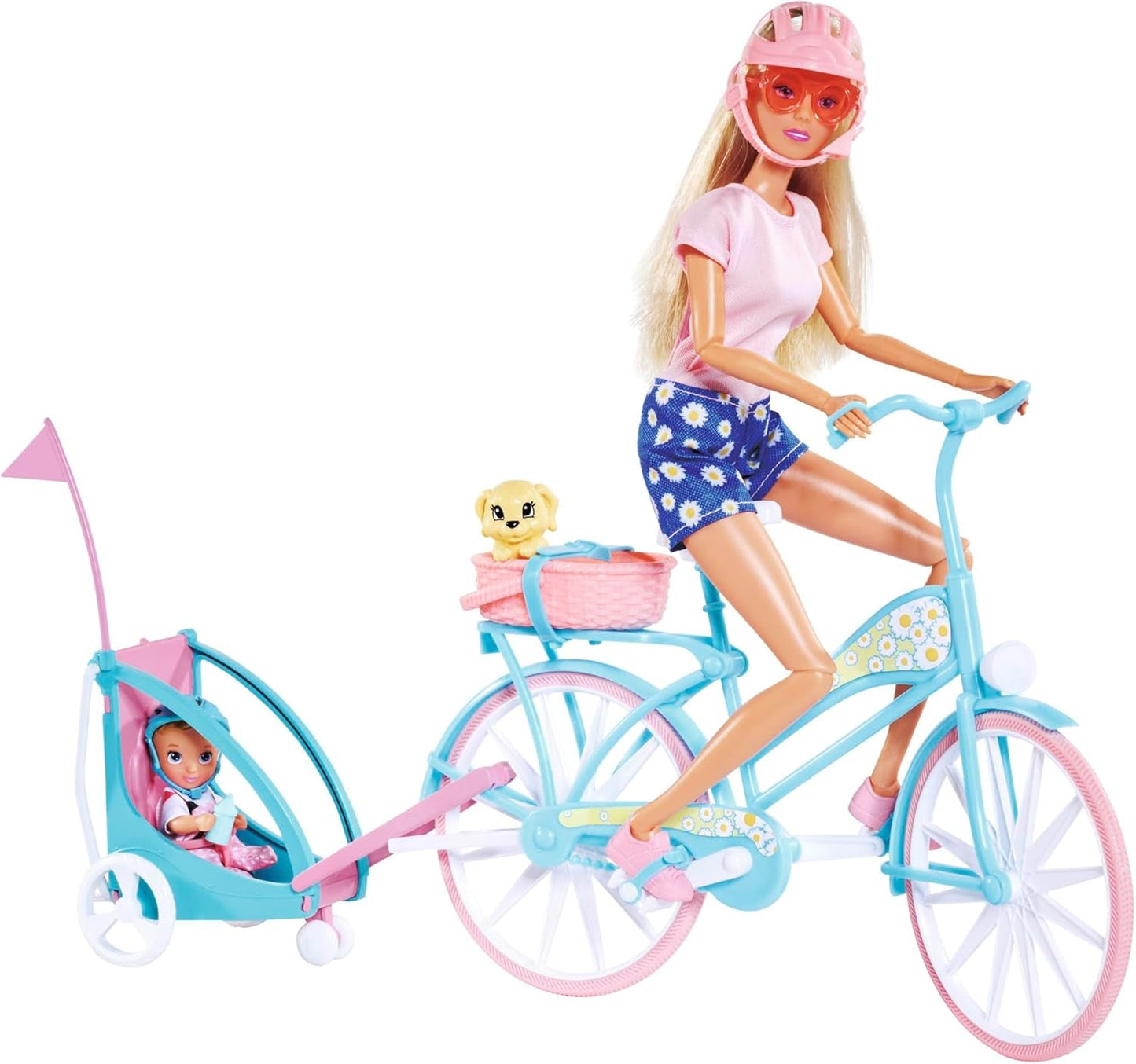 Rimorchio per bici Steffi Love, bambola in bici con rimorchio per bebè, cane e cuffie, da 3 anni in su