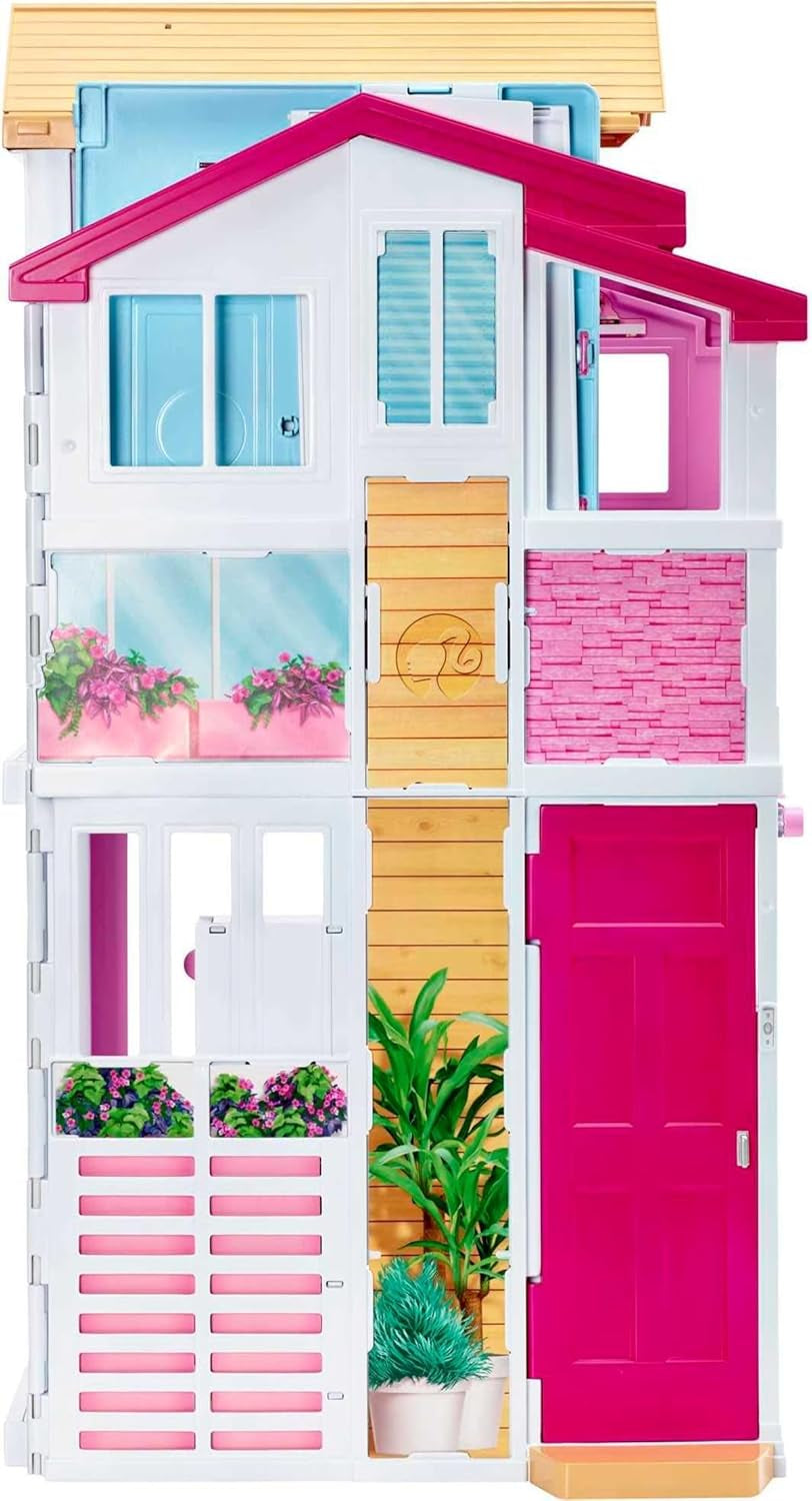 Barbie Dream House, casa a schiera a 3 piani e 5 stanze, include accessori come mobili, pieghevole e portaoggetti, giocattolo per bambini dai 3 anni in su, DLY32