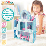 Casa delle bambole in legno, Castelli delle principesse in legno, Case delle bambole, 3 piani, Castelli delle principesse, 9 pezzi in legno, 37x15x53,5 cm, Giocattolo in legno, dai 3 anni in su