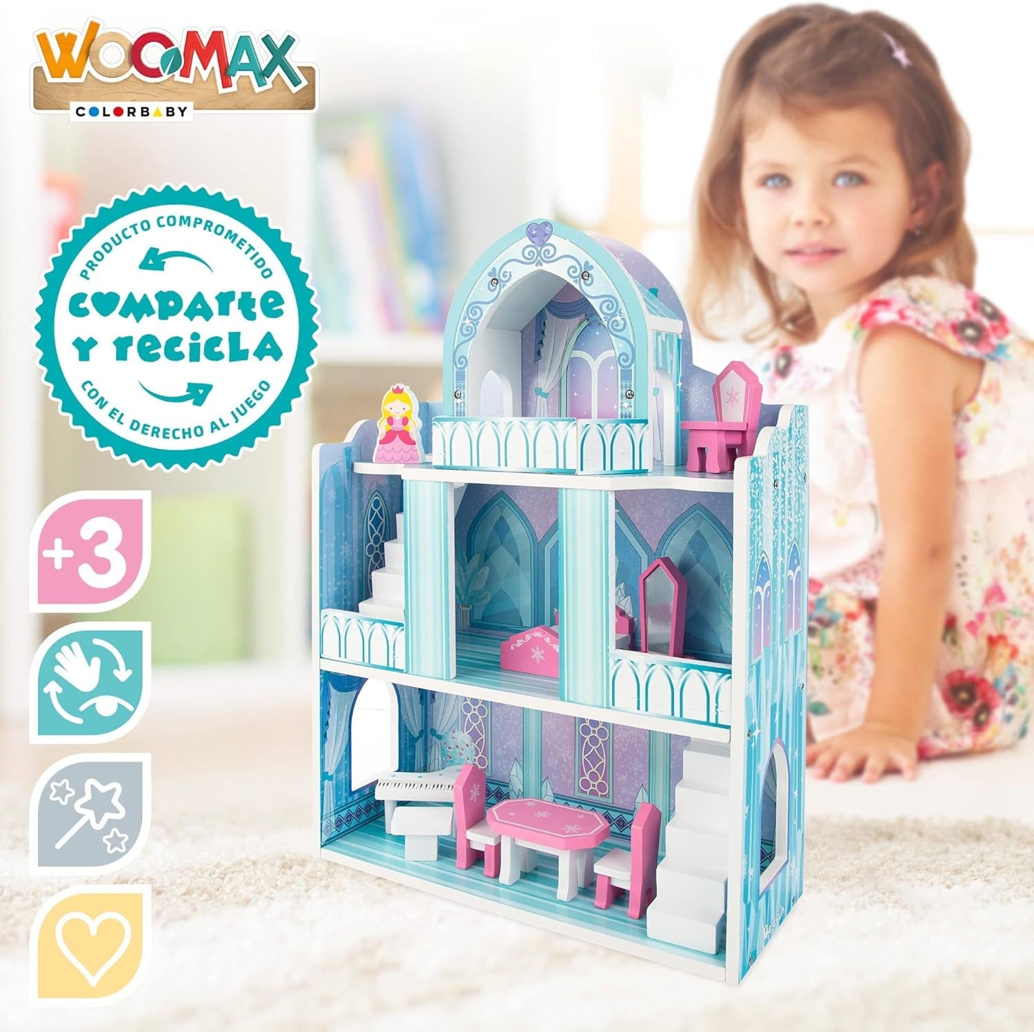 Casa delle bambole in legno, Castelli delle principesse in legno, Case delle bambole, 3 piani, Castelli delle principesse, 9 pezzi in legno, 37x15x53,5 cm, Giocattolo in legno, dai 3 anni in su